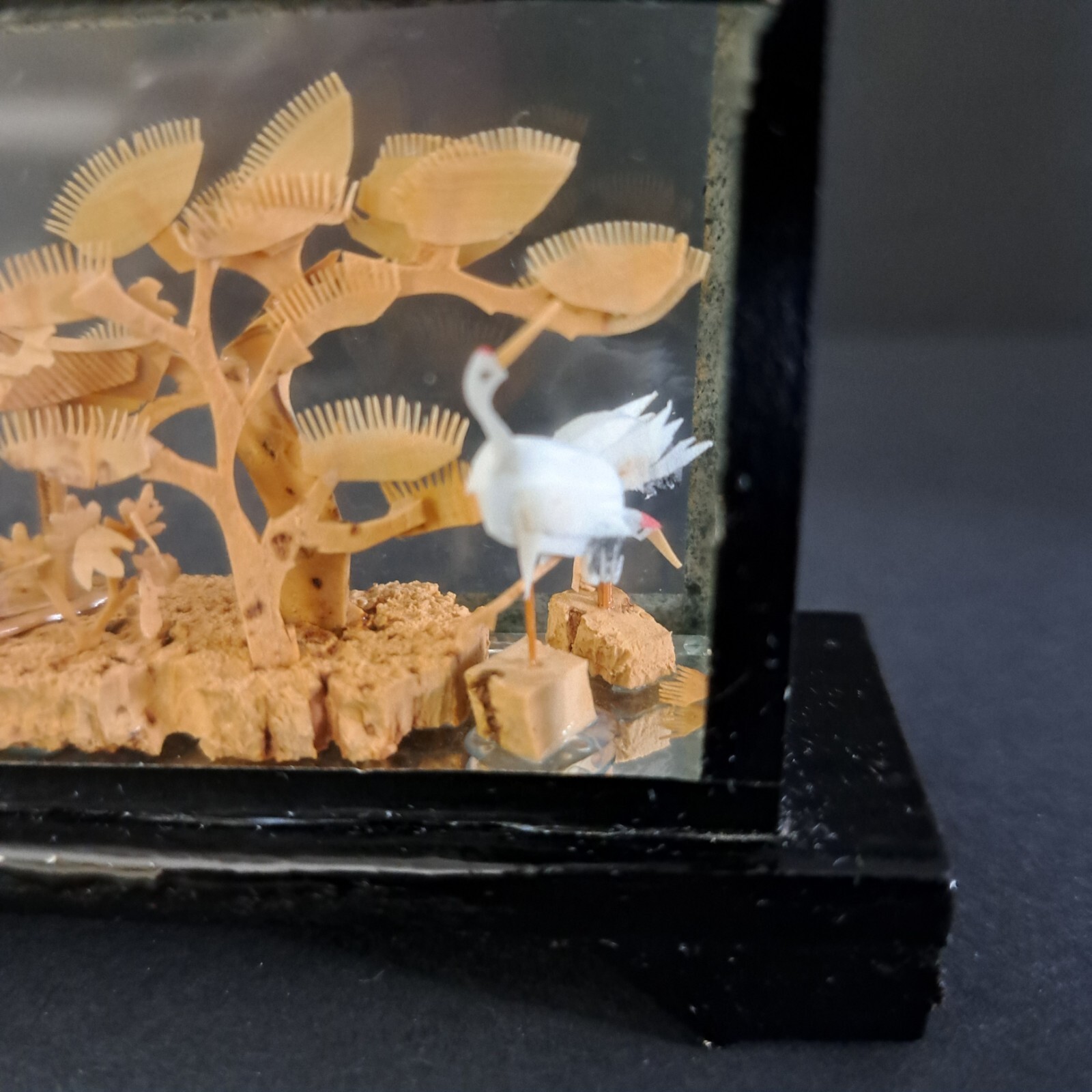 Carved Chinese Cork Diorama Shadow Box Sculpture In Glass Cranes Trees Pagoda