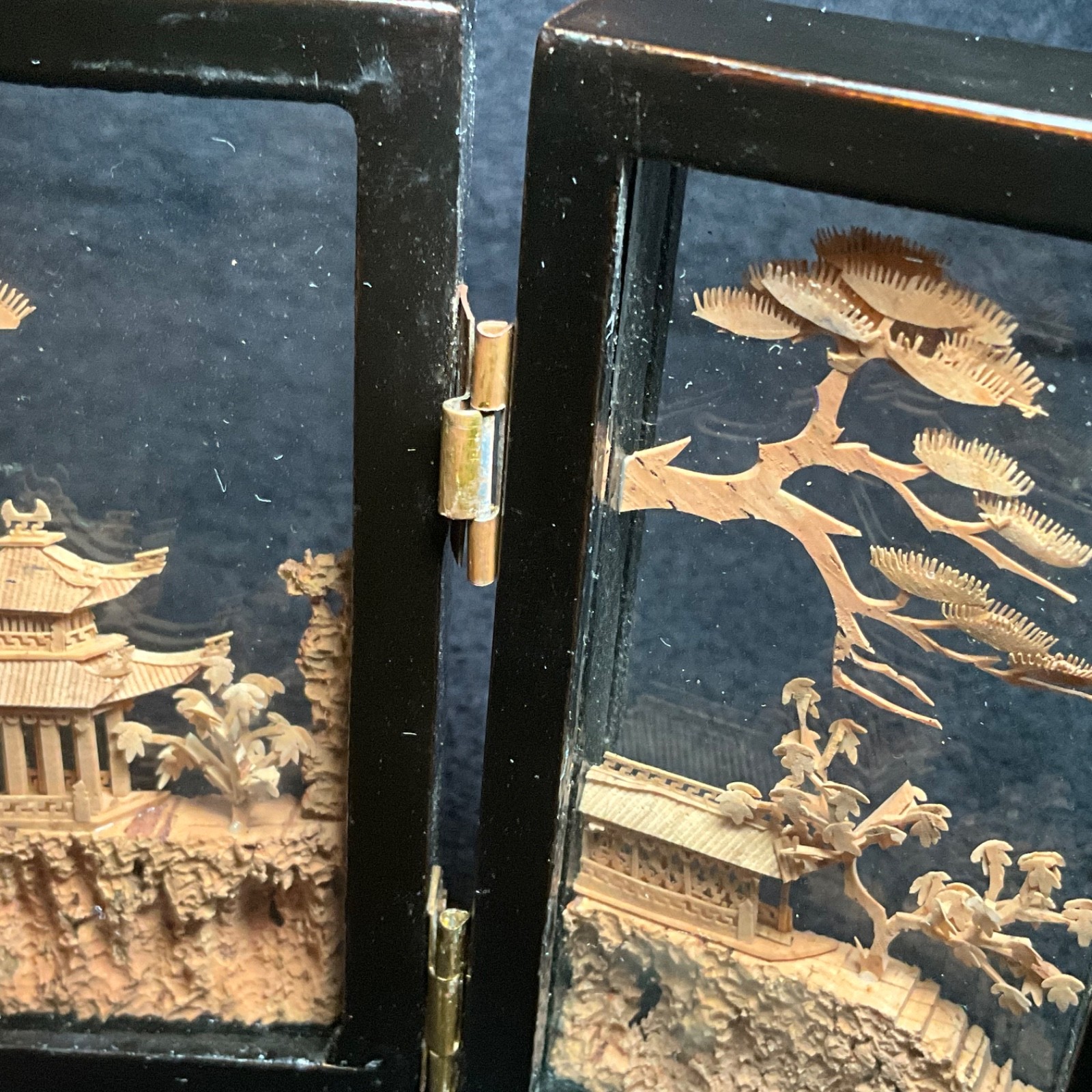 2x-VTG SAN YOU Tri-Fold Oriental Hand Carved Cork Pagoda Diorama w Cranes