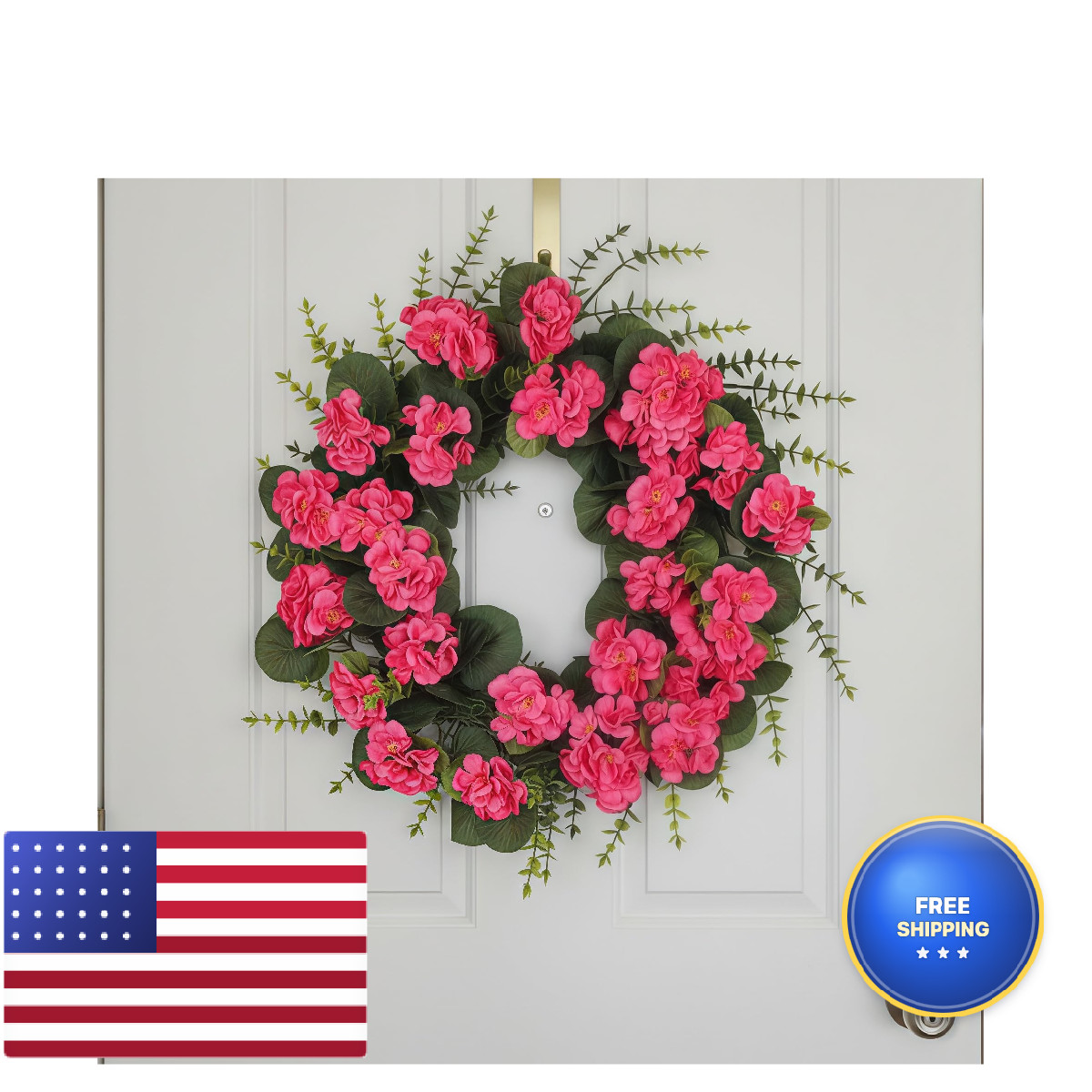 Kuimen Rose Red Artificial Geranium Wreath 22 Inch Spring Summer Wreaths For