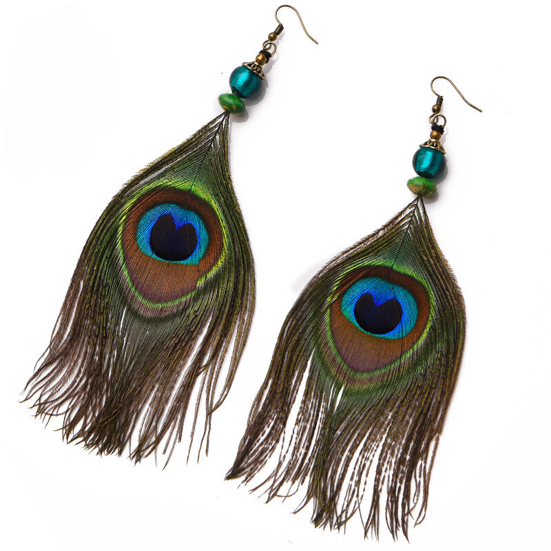 China Coloured Glaze Peacock Plume Tassels Tibetan Style Fashion Earbob Earrings