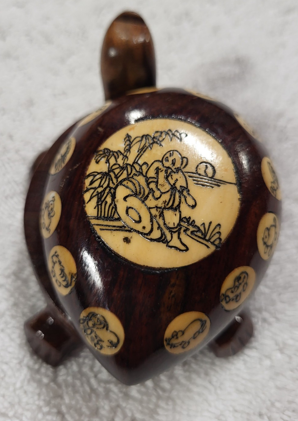 Vintage Carved Wood Turtle with Inlaid Chinese Zodiac Signs Opens to Compass