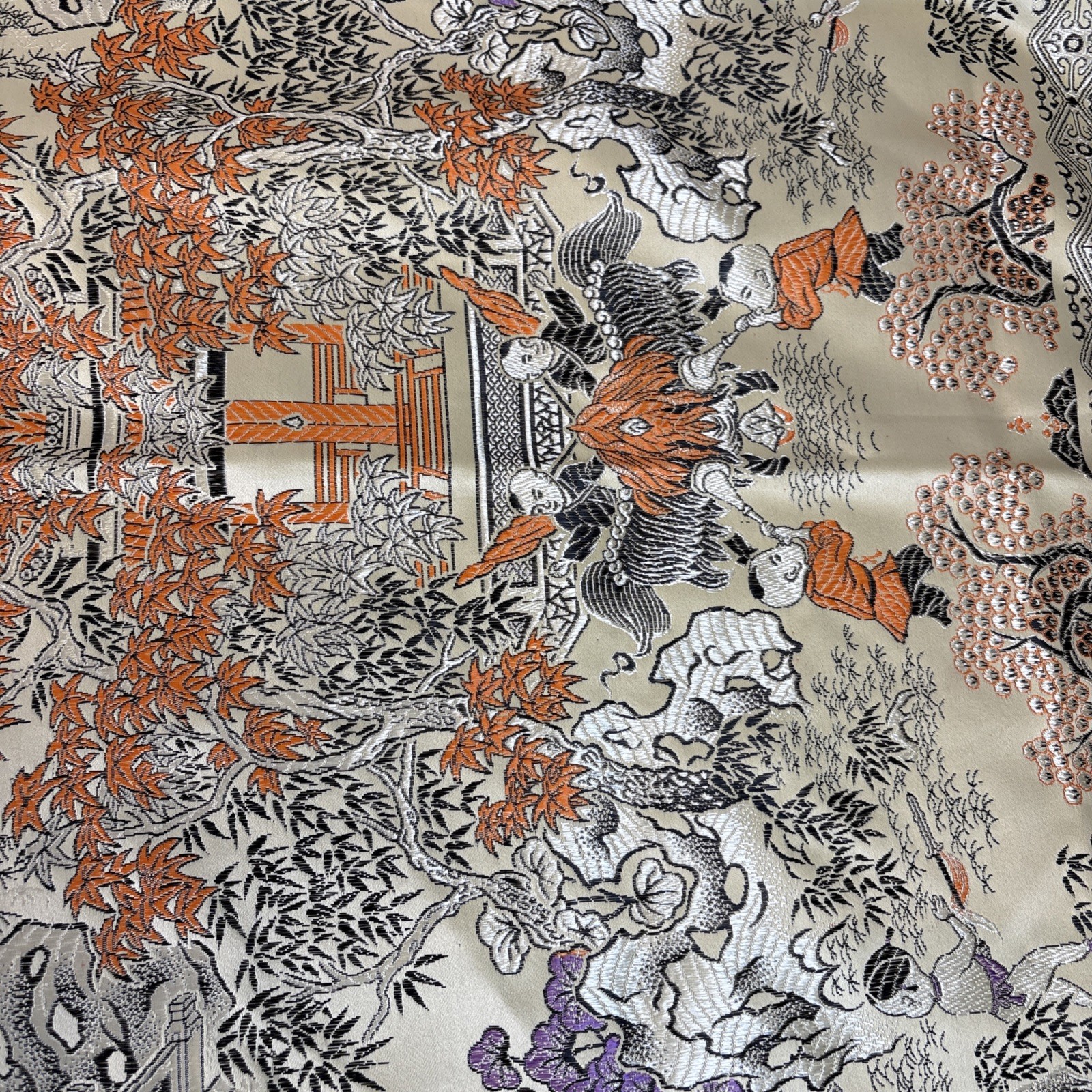 Vtg Brocaded Flowers Chinese Silk Scenic Square Tapestry Table Cloth 46″ X 48″