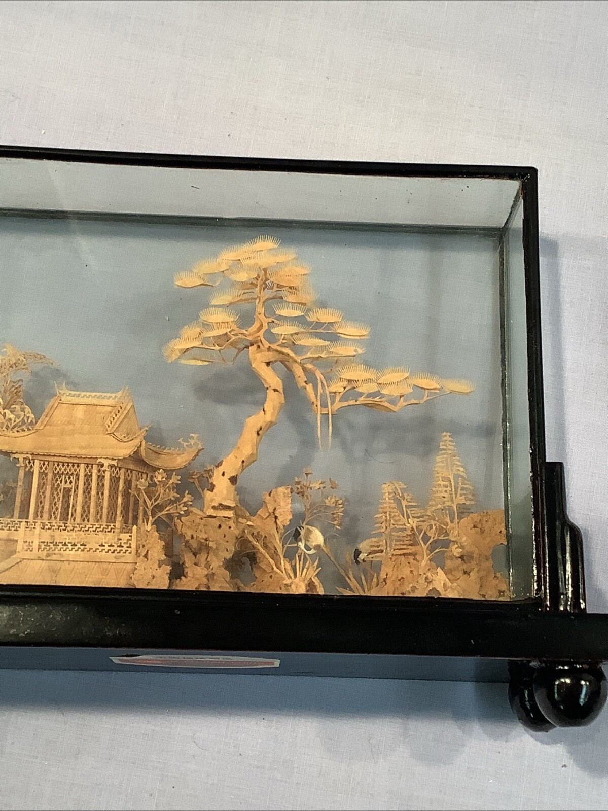 Fujian China 202 Vintage Hand Carved Cork Diorama Art Glass Wood Framed Picture