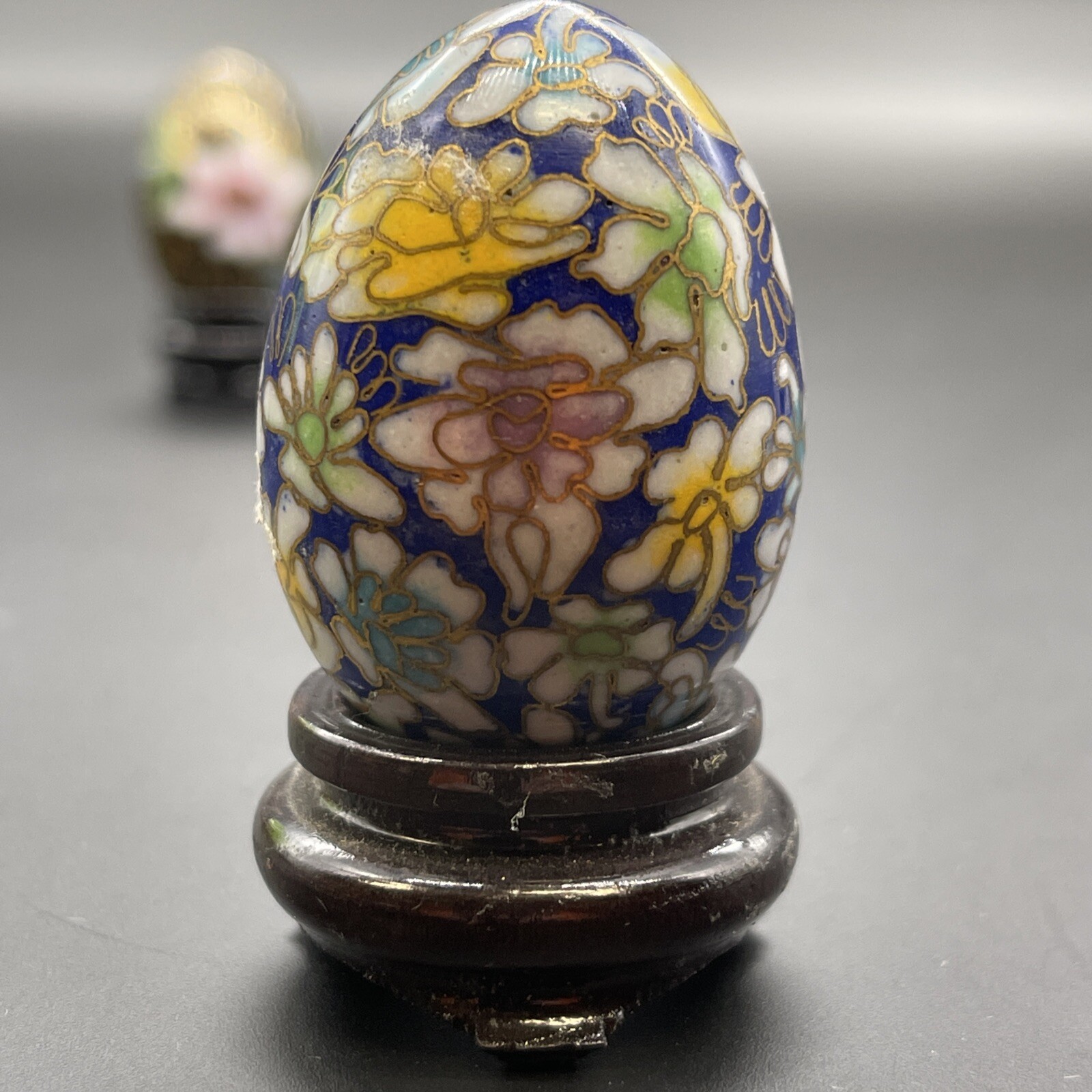 Cloisonné Eggs & Wooden Stands Floral Multicolor & Gold Design Small