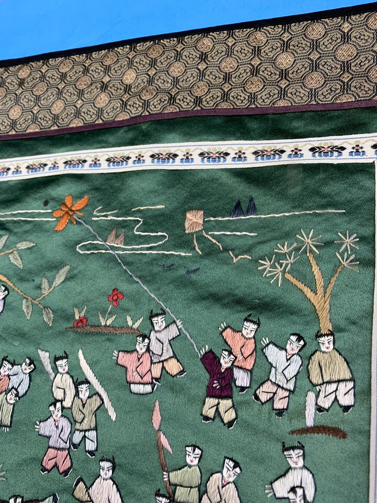2 Vintage Chinese Hand Embroidered Silk Tapestry Wall Hanging Panels Children