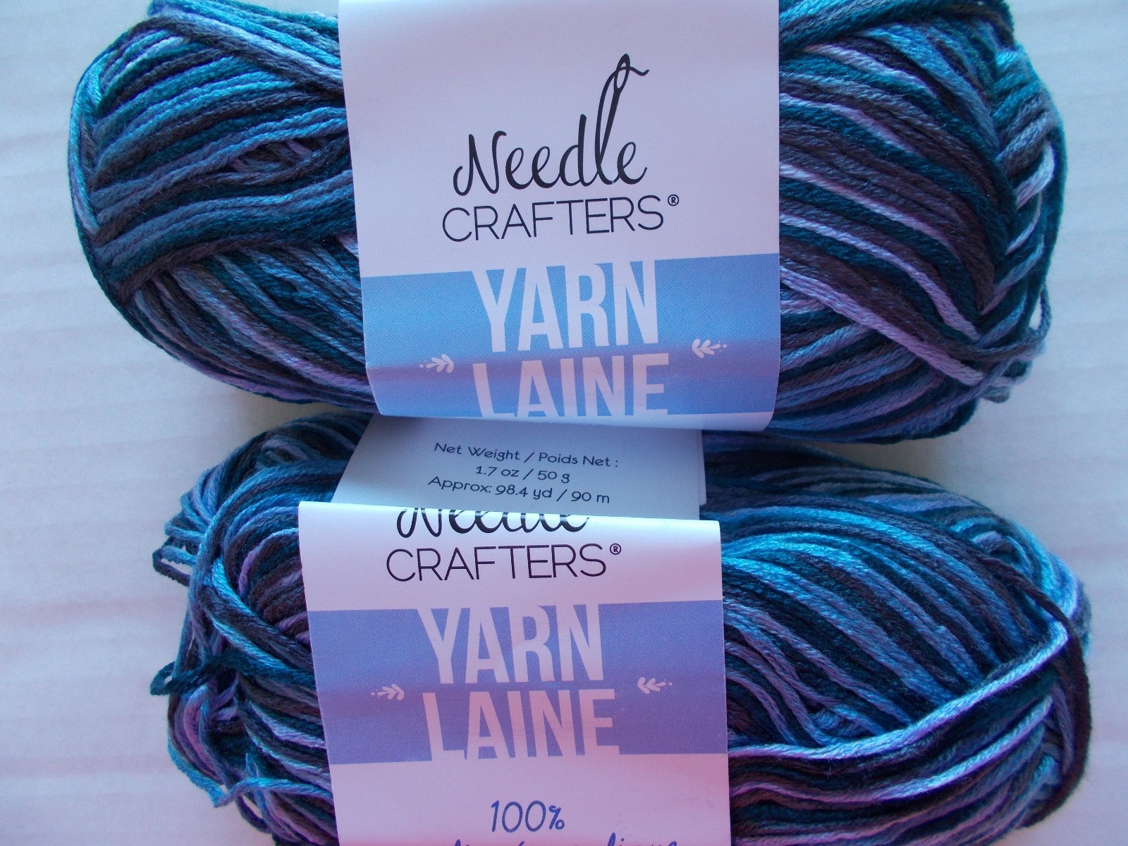 Needle Crafters variegated acrylic yarn, 6-ply, Blue Haze, lot of 2 (98 yds ea)