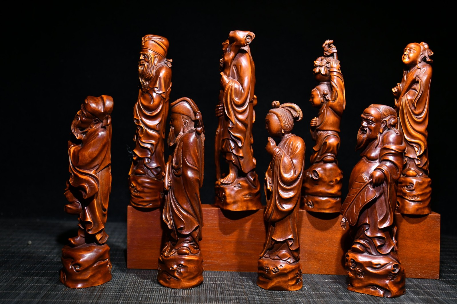 8PCS 5.9″ Collect China Box-wood Hand-Carved Eight Immortals Buddha Statue Set