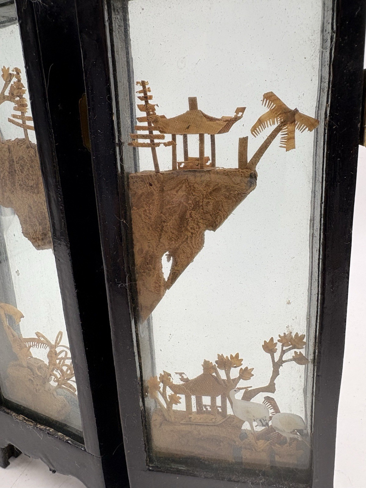 Vintage Carved Cork Art Diorama Tri Fold Table Decor Black Frame Asian