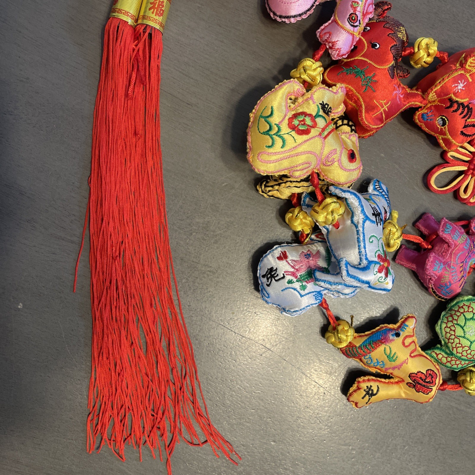 Chinese Zodiac String Of Ornaments Embroidered Hand Made Folk Art 55”