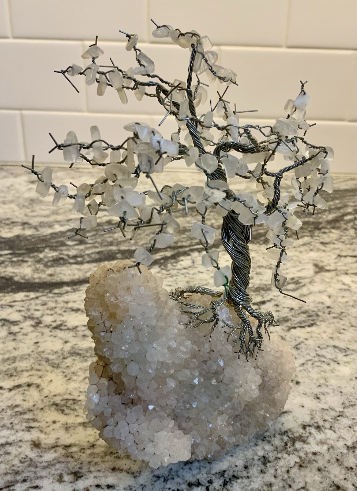 7″ WHITE QUARTZ BONSAI TREE VINTAGE WIRE WRAP ARTWORK PROSPERITY ASIAN FOLKLORE