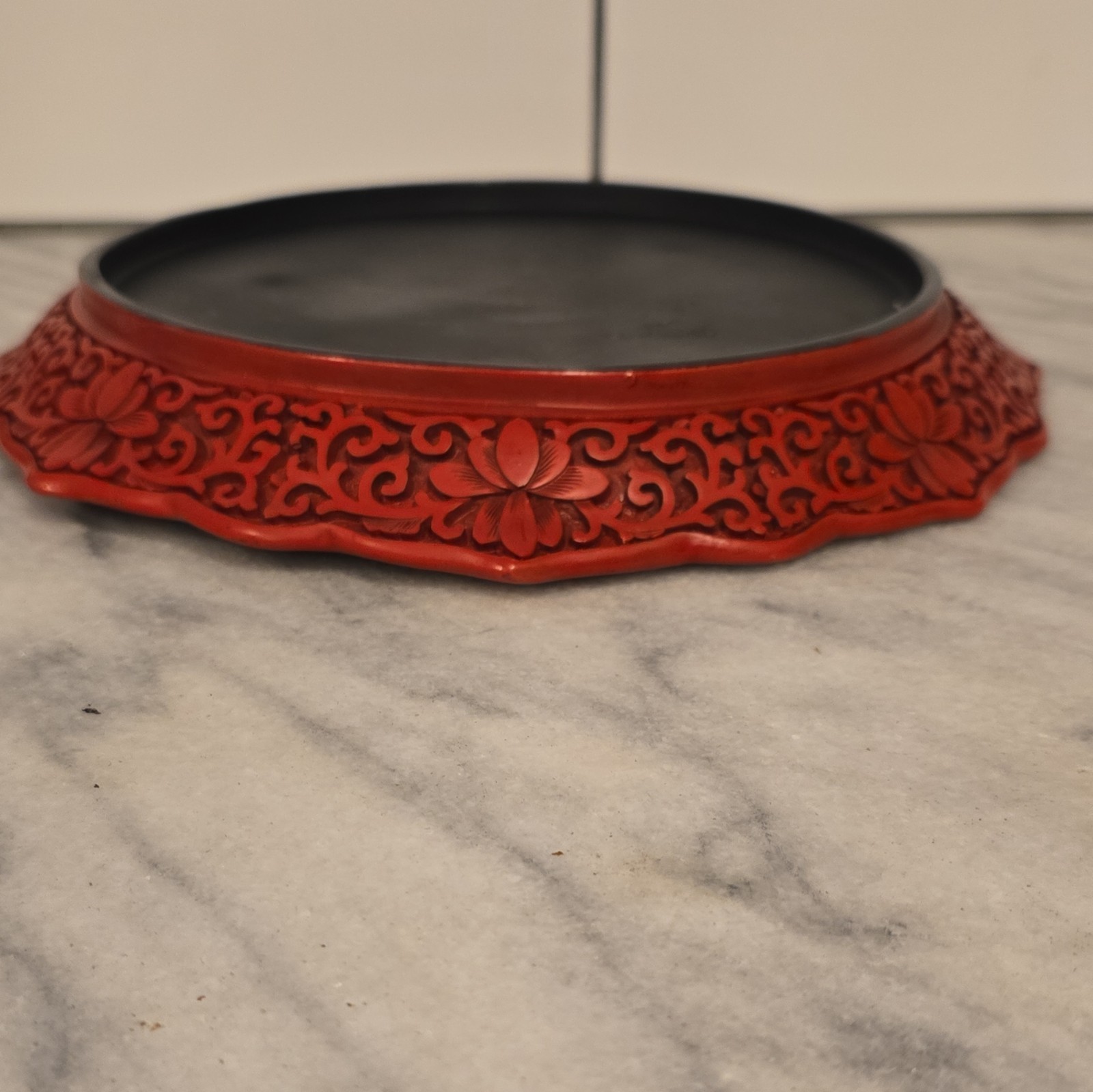 Chinese Cinnabar-Style Red Lacquer Carved Dish Plate Scenic Landscape Boat