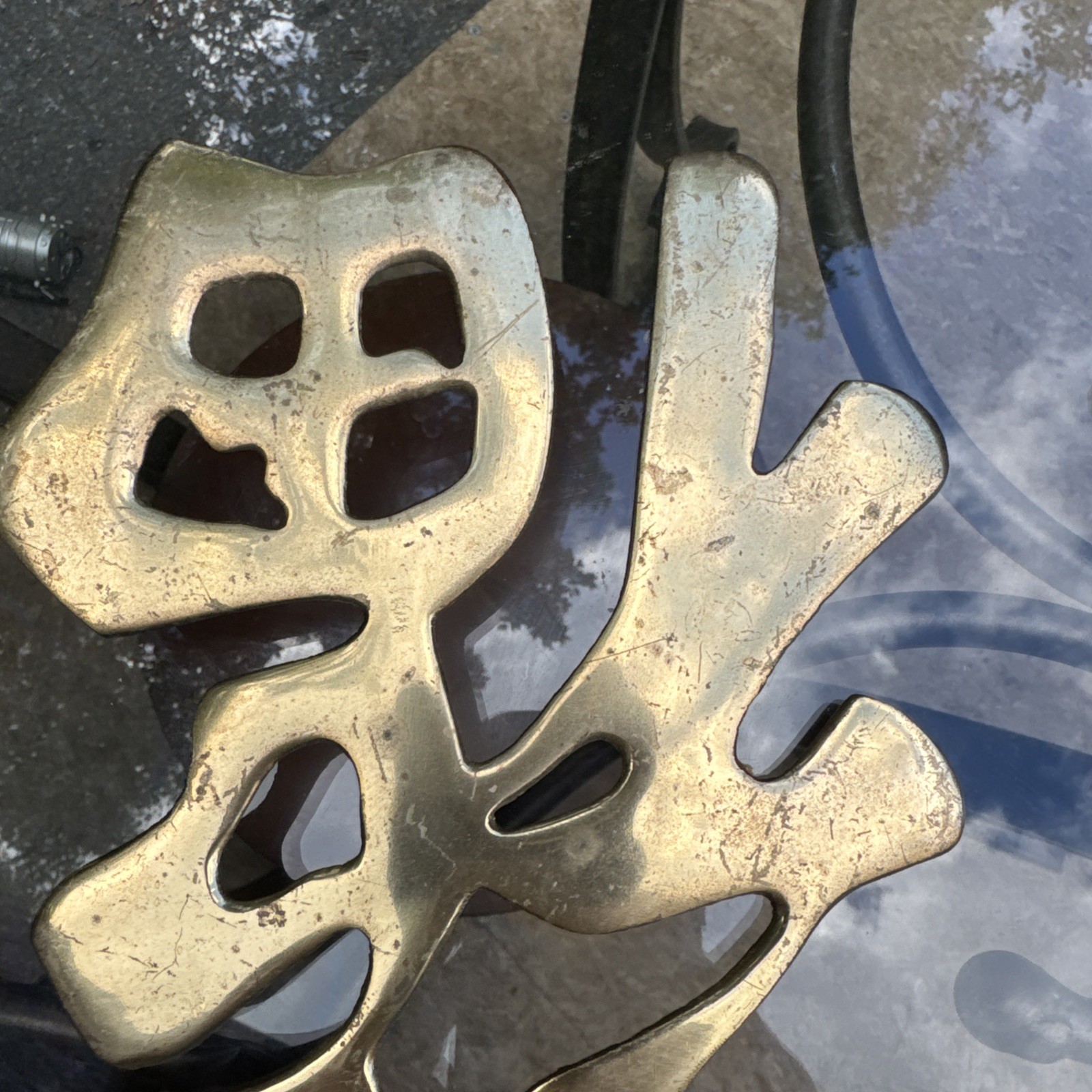Vtg Chinese Brass Symbols (4) Wall Hanging/Trivet – Long Life – Good Luck 10″