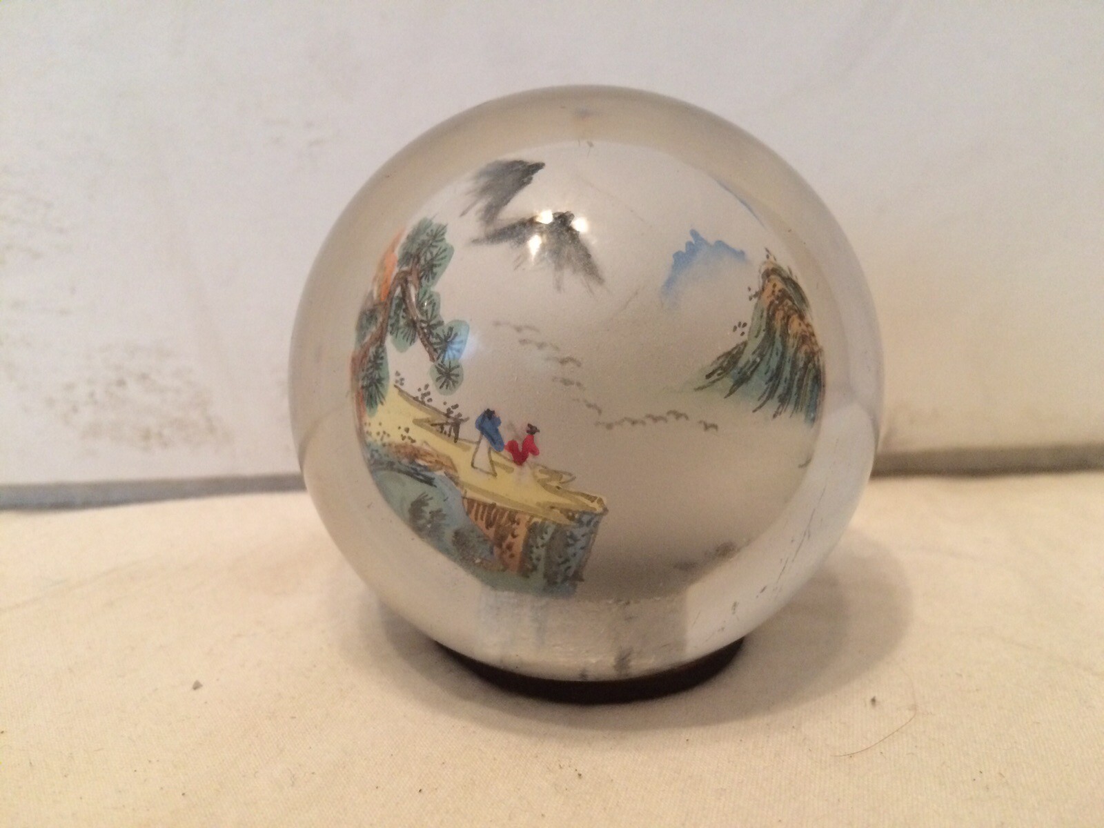 VTG Reverse Painted Glass Ball Sphere Paper Weight Oriental Asian Mountain Scene