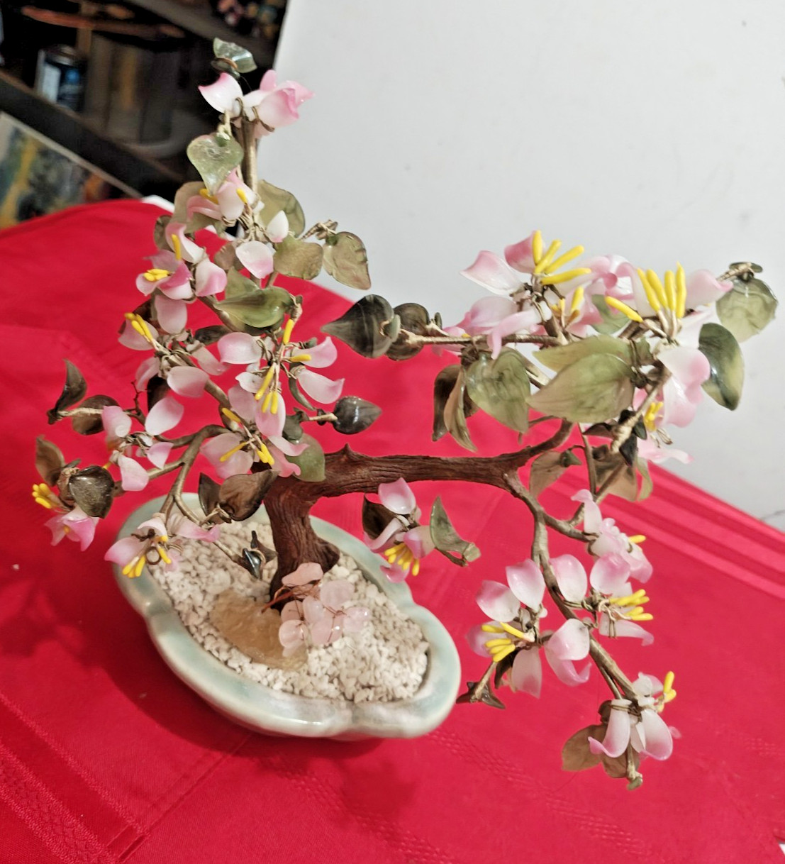 Multicolor Cherry Blossom Chinese Jade And Glass Flowering Bonsai Tree