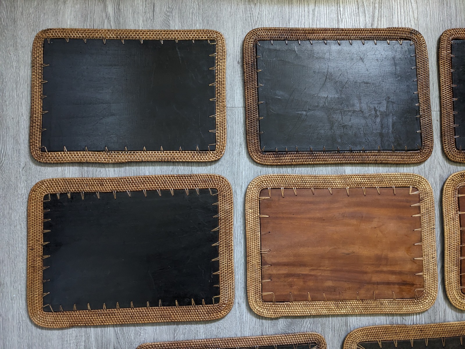 Vintage Mid Century Rattan Wood Placemats Shell Inlay Chinese Coin Boho Set of 8