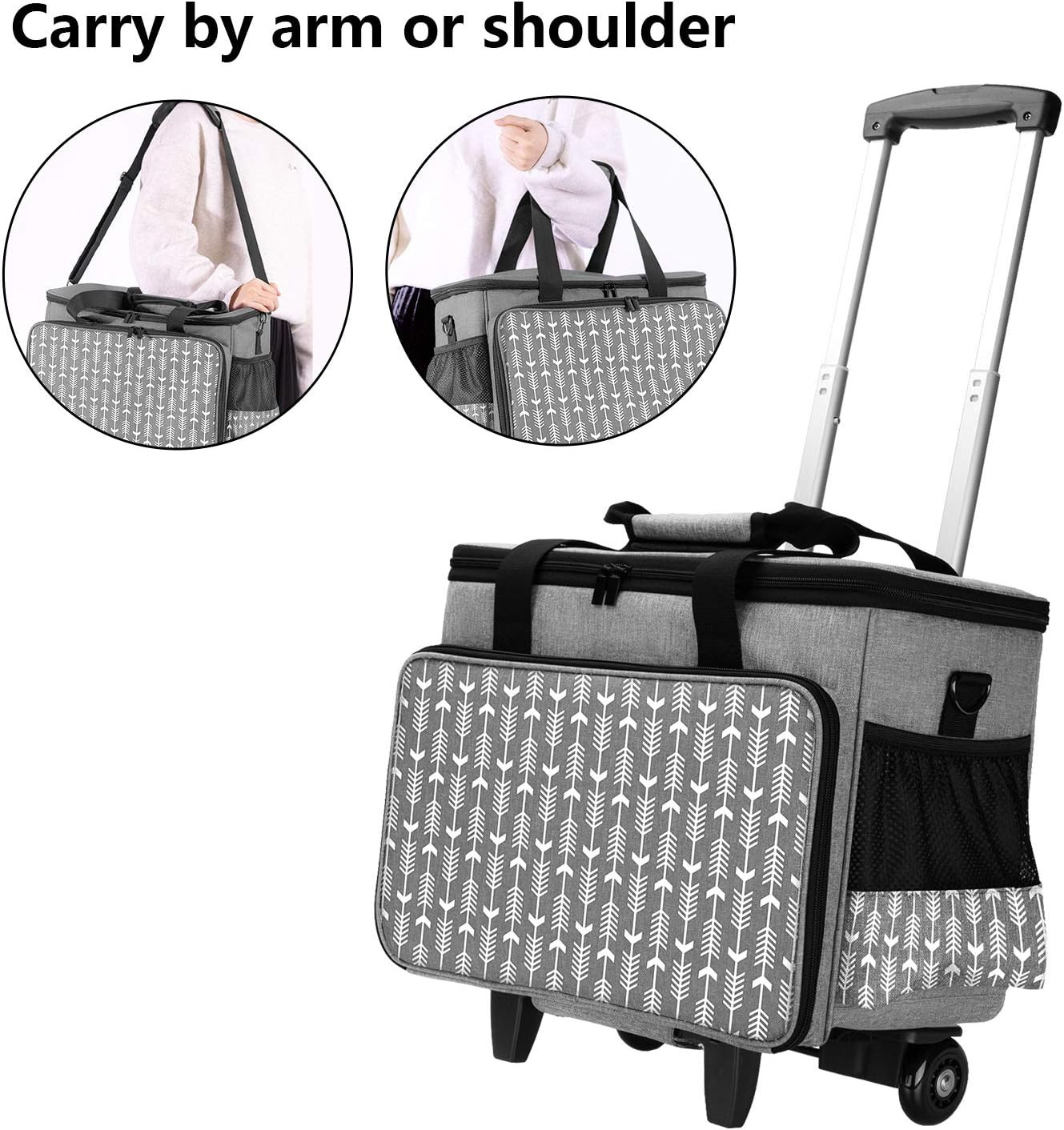 Rolling Craft Bag on Wheels, Women Craft Scrapbook Tote Bag with Detachable Trol