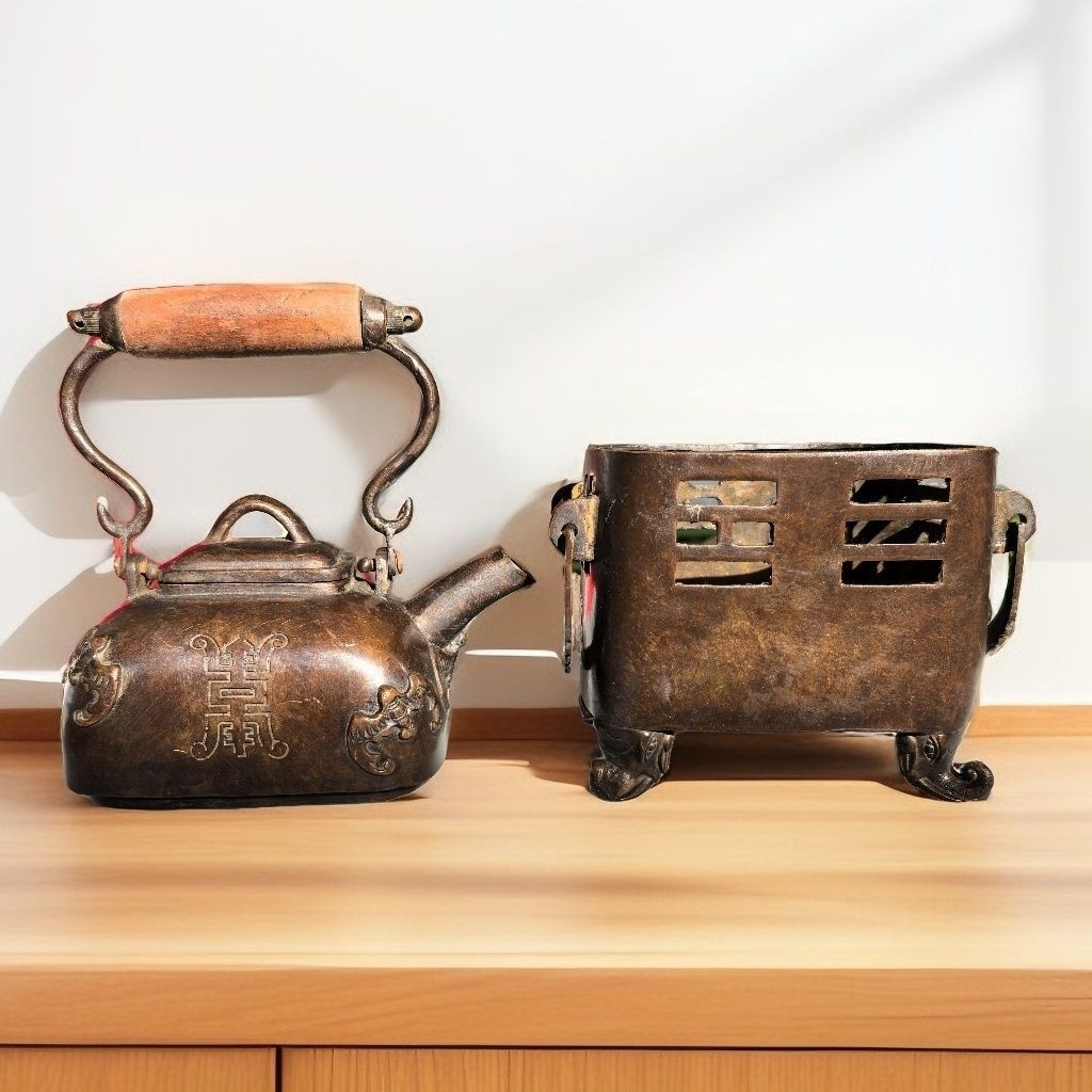 Vintage Copper Wine Heater Teapot Set Antique Charcoal Stove Decor