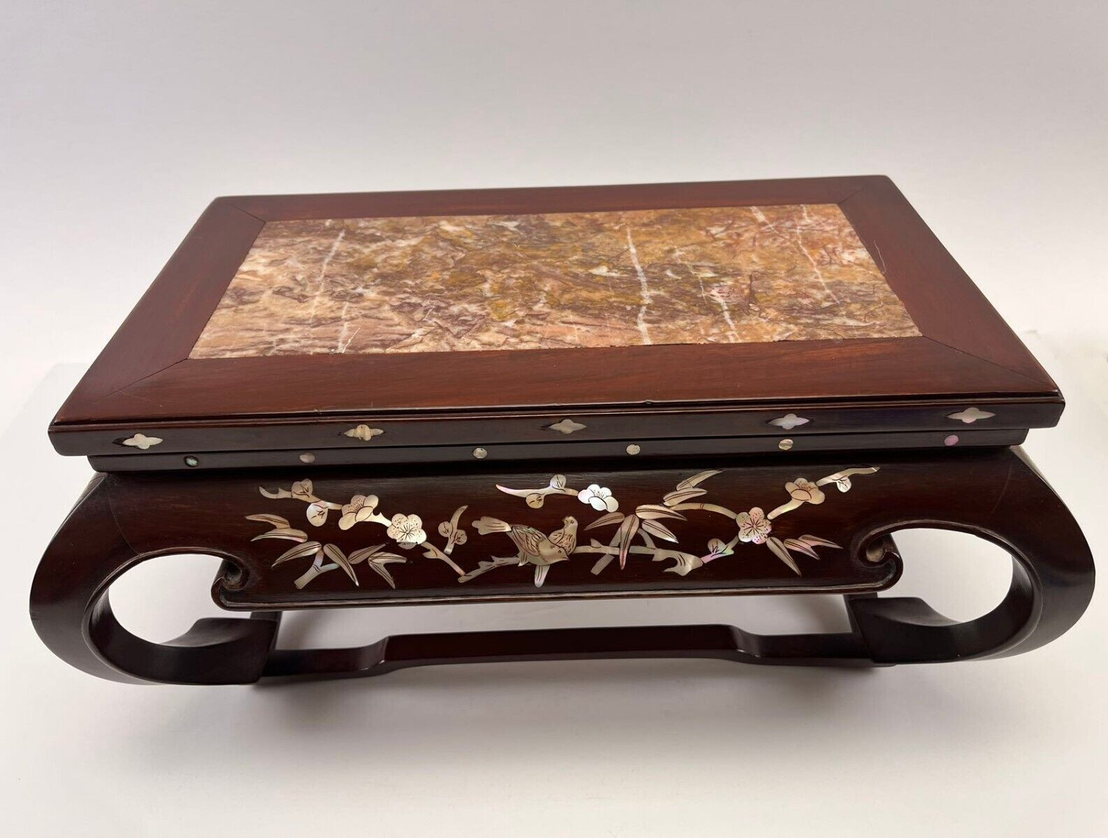 Vtg Chinese Wood Display Stand/ Tea Table w/ Inlaid Mother of Pearl & Marble Top
