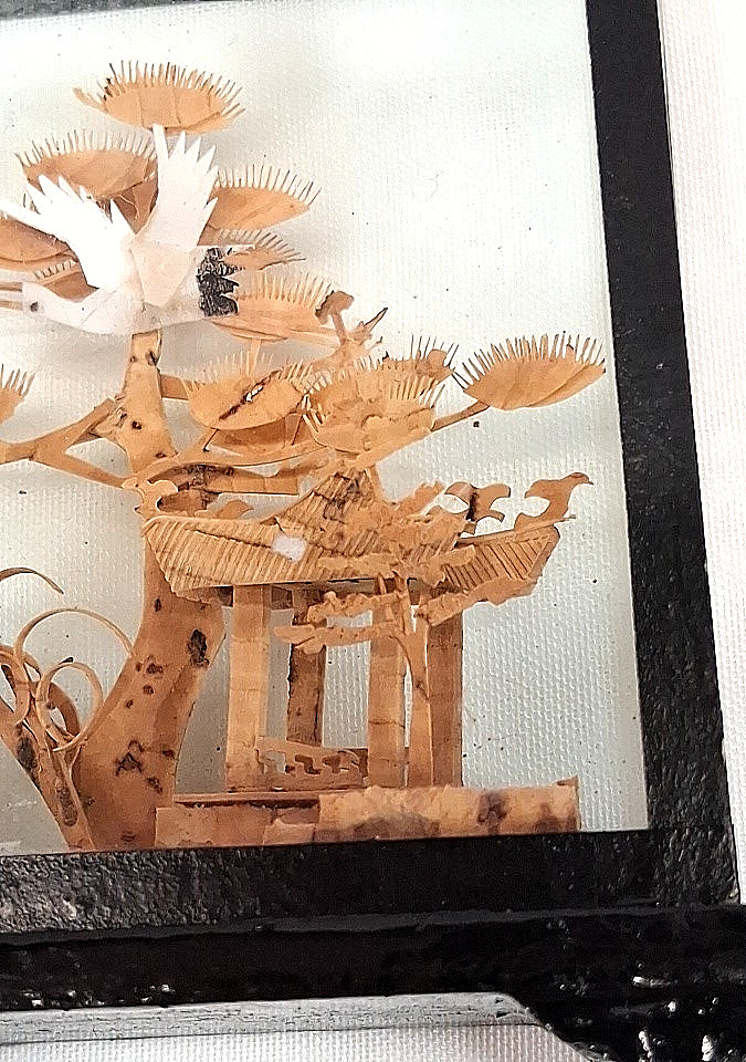 2 Chinese Scene 3D Hand Carved Cork Dioramas Black Lacqured Wood & Glass Cases