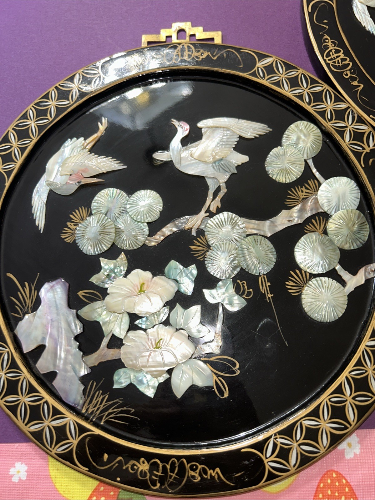 Vintage Chinese Lacquered Decorative On Wood Mother Of Pearl 10” Set Of 4 Used