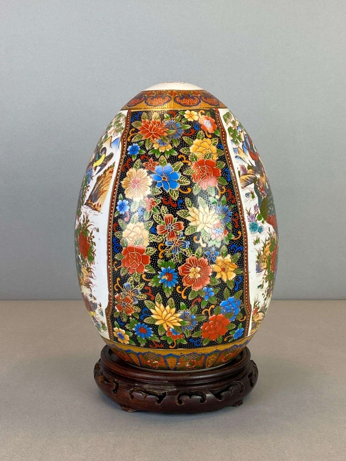 Vintage Hand Painted Chinese Gilded Rose Porcelain Egg Statue Magnificent