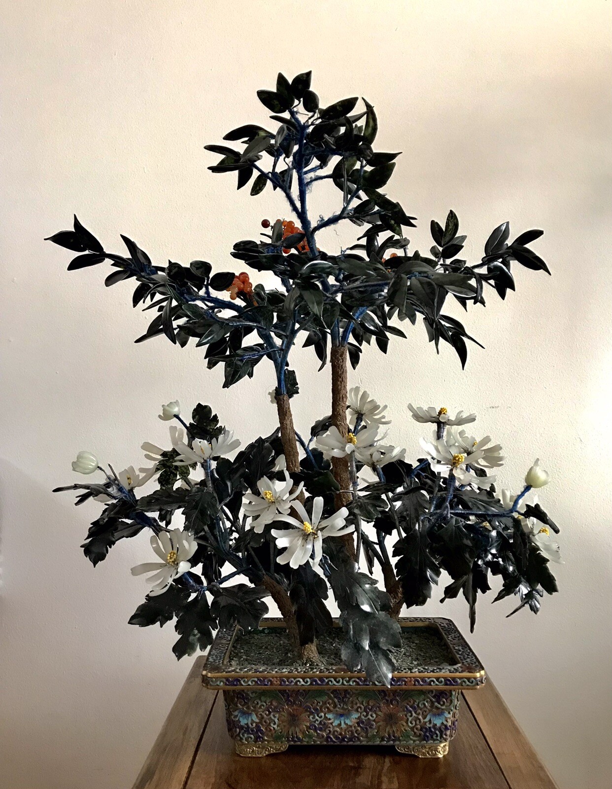 27” Tall Large Chinese Jade and Agate Bonsai Tree in Cloisonne Pot