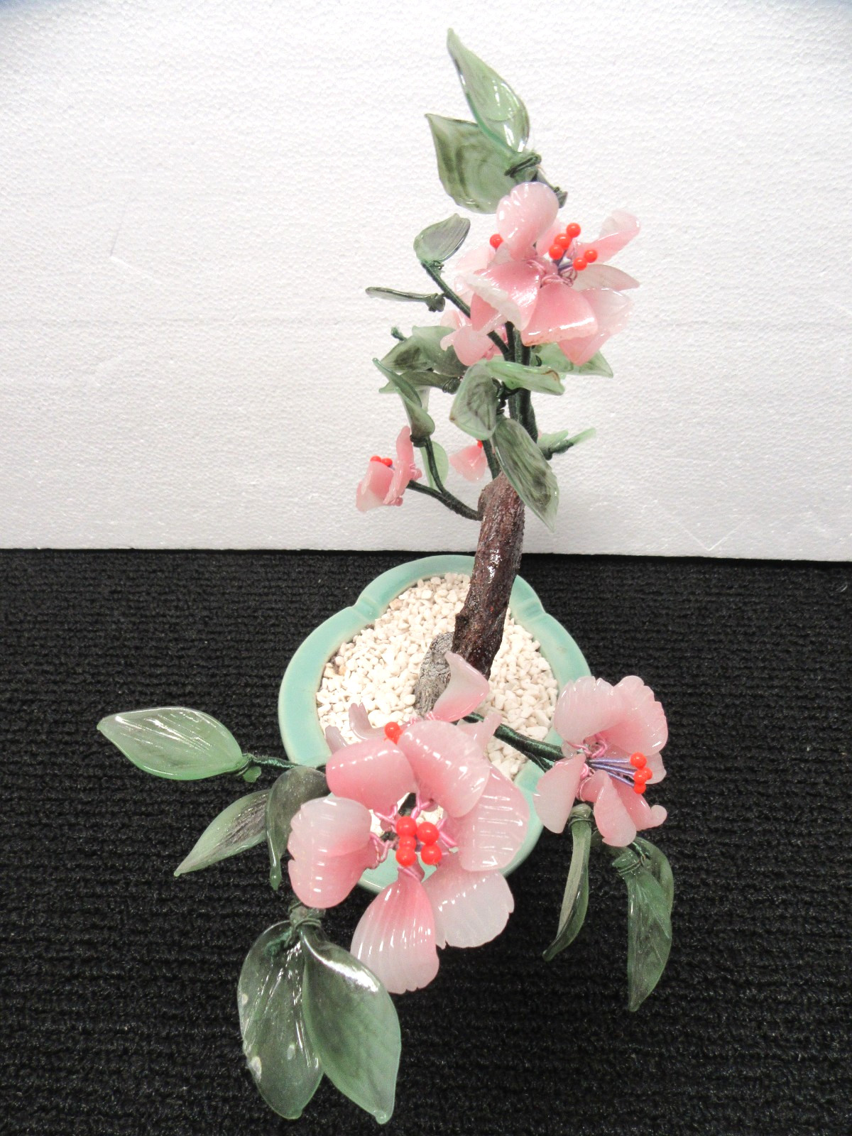 Vintage Chinese Jade Glass Bonsai Tree 14″ Wide x 11″ Tall Pink Flowers #ROM