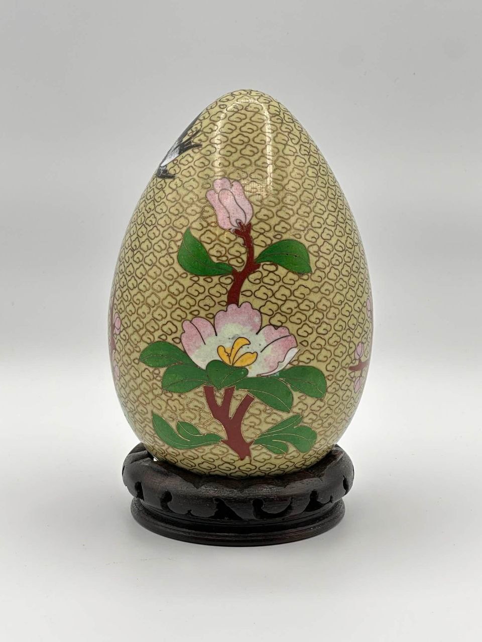 Vintage Chinese Cloisonné Enamel Egg w/ Wood Stand Floral & Bird 7.25″