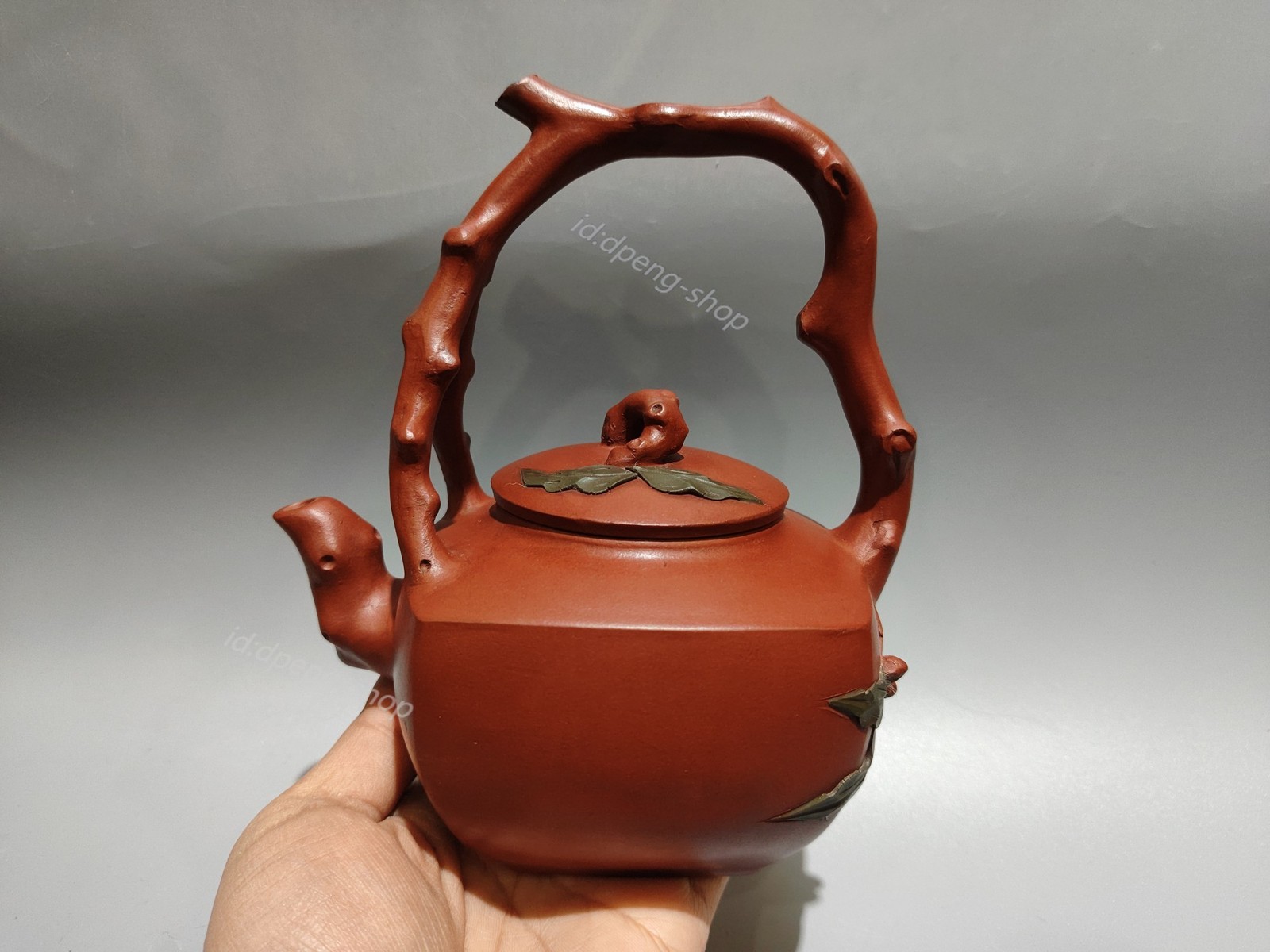 5.9″China Yixing Zisha Pottery red Clay 380CC square longevity peach beam Teapot