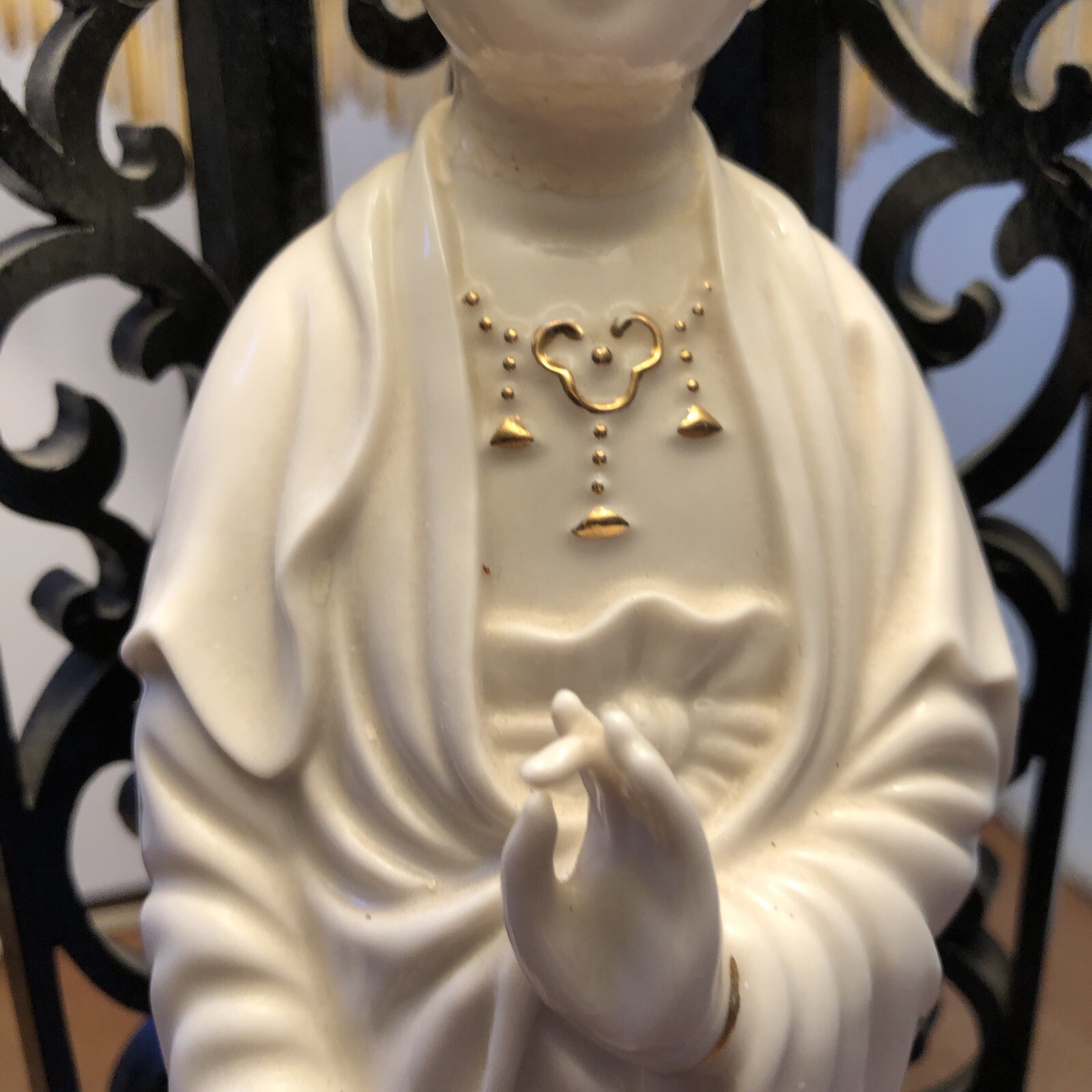 Blanc De Chine Buddha Figurine Lamp Green Shade Wooden Stand Vintage Asian Boho