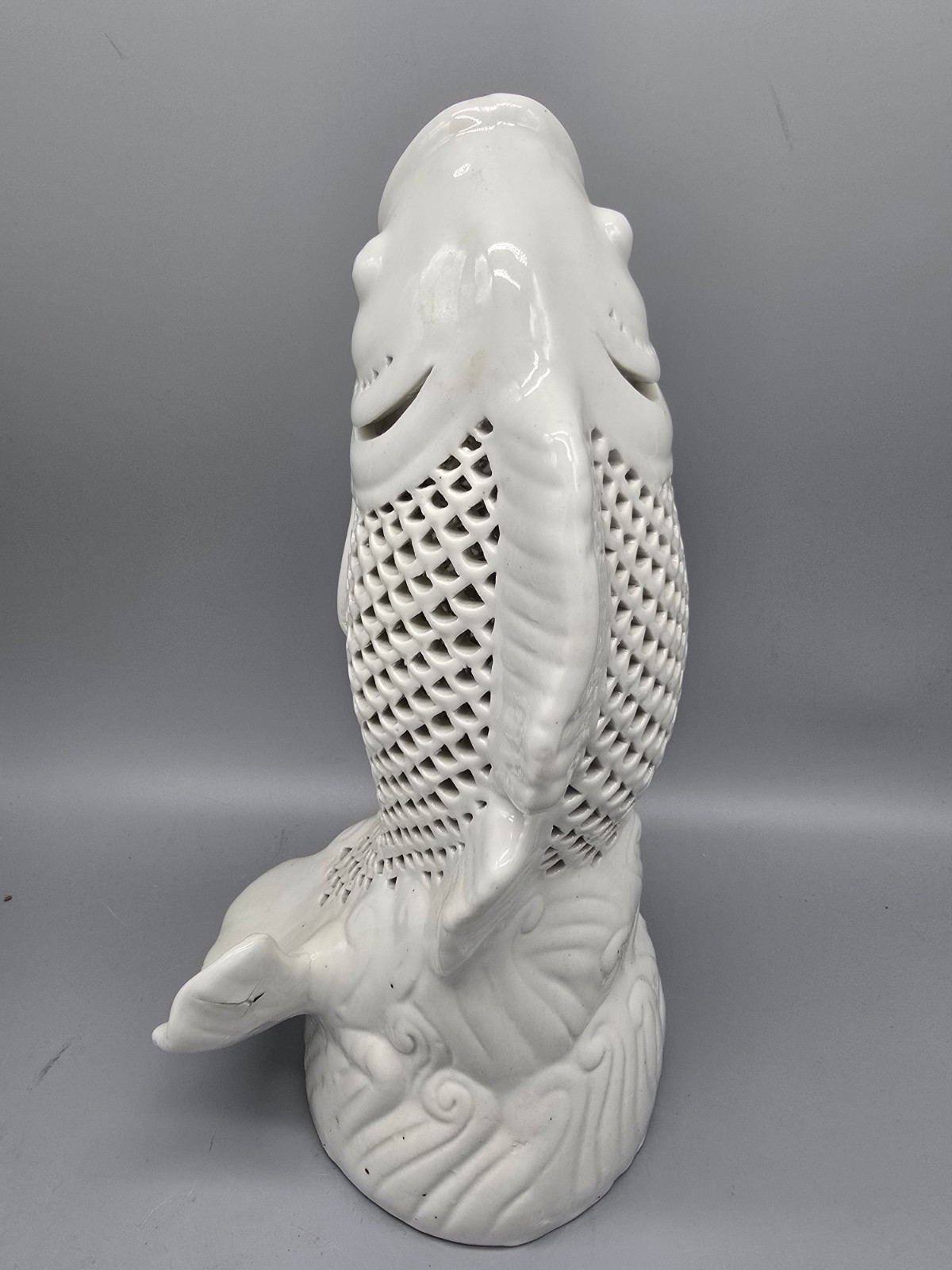 Vintage Blanc De Chine Koi Fish Votive Lamp Base Sculpture 10 1/2″