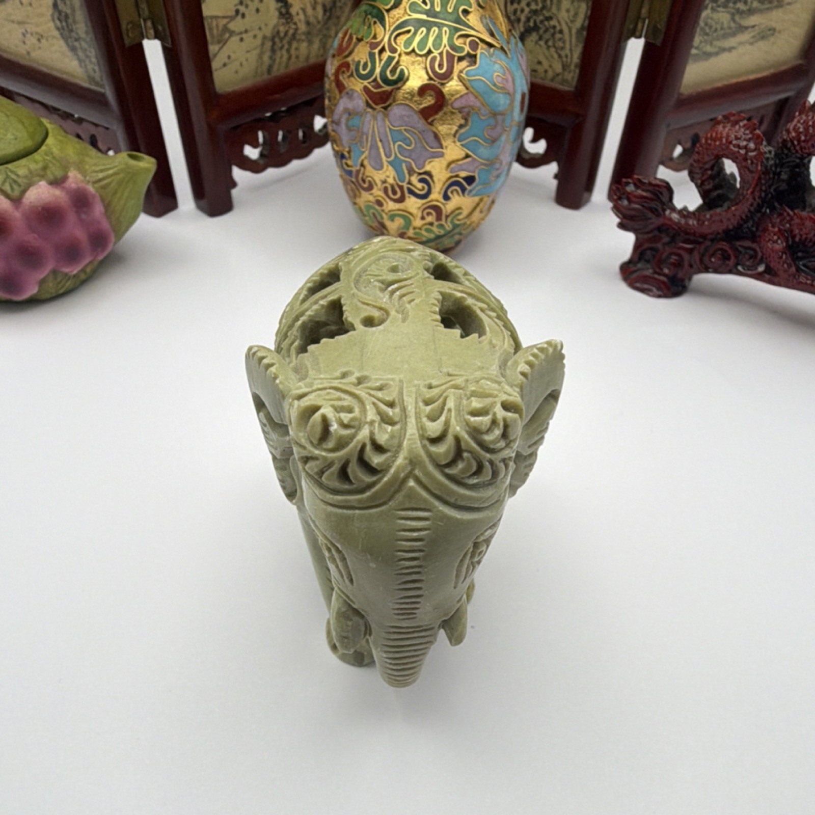 Antique Chinese Handmade Collectible Set: Vase, Teapot, Dragon, Elephant, Screen