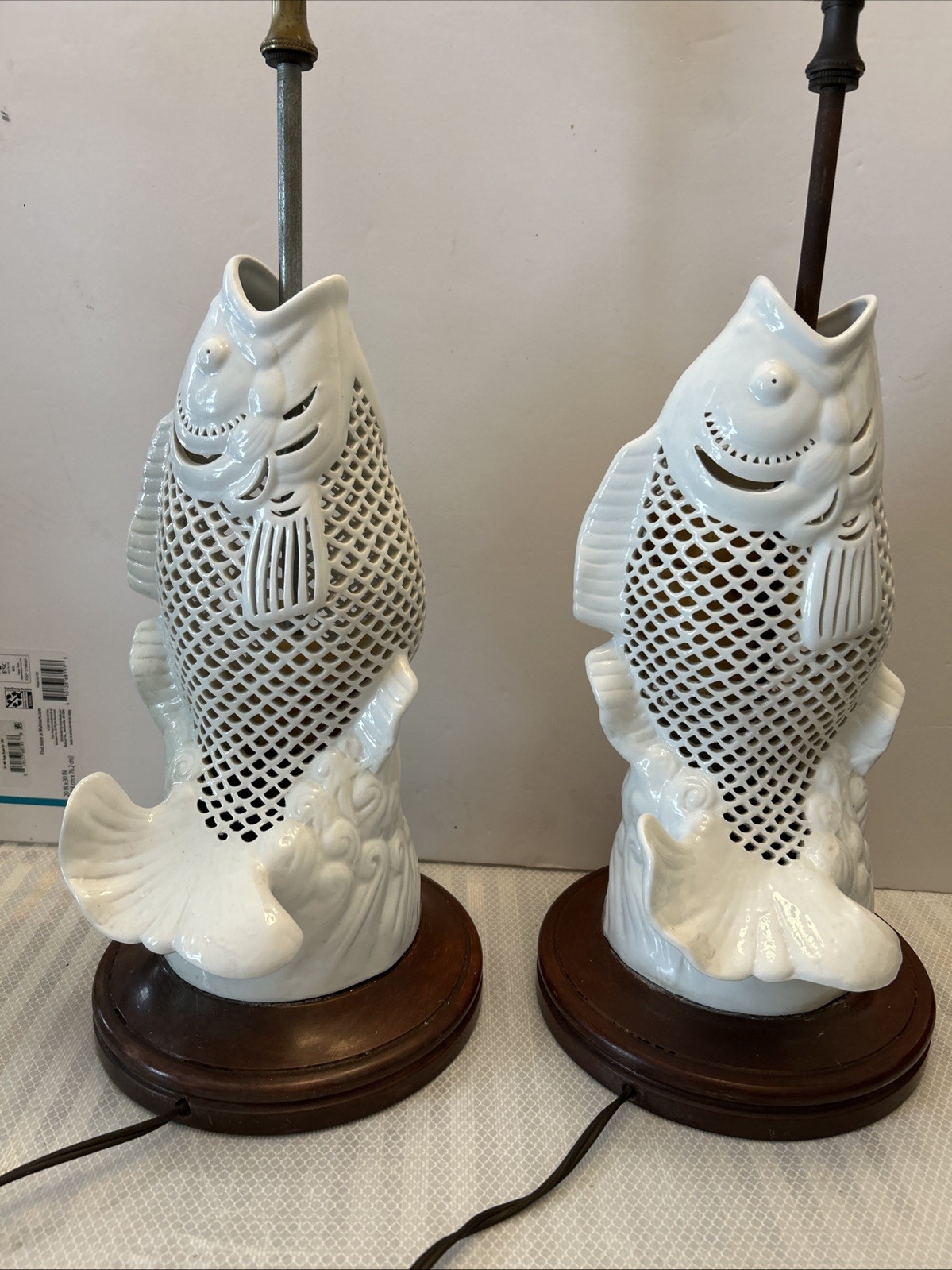 2 Reticulated Porcelain Lamps Blanc De Chine White Koi Carp Fish Japan Vintage