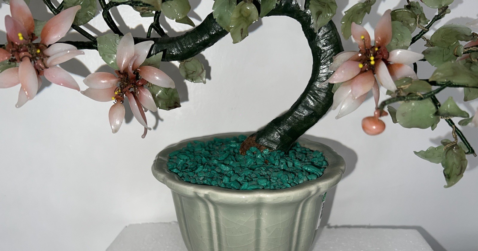 (…-6)Jade Like Flower Pink Glass Asian Bonsai Tree Leaves Missing And Damage.