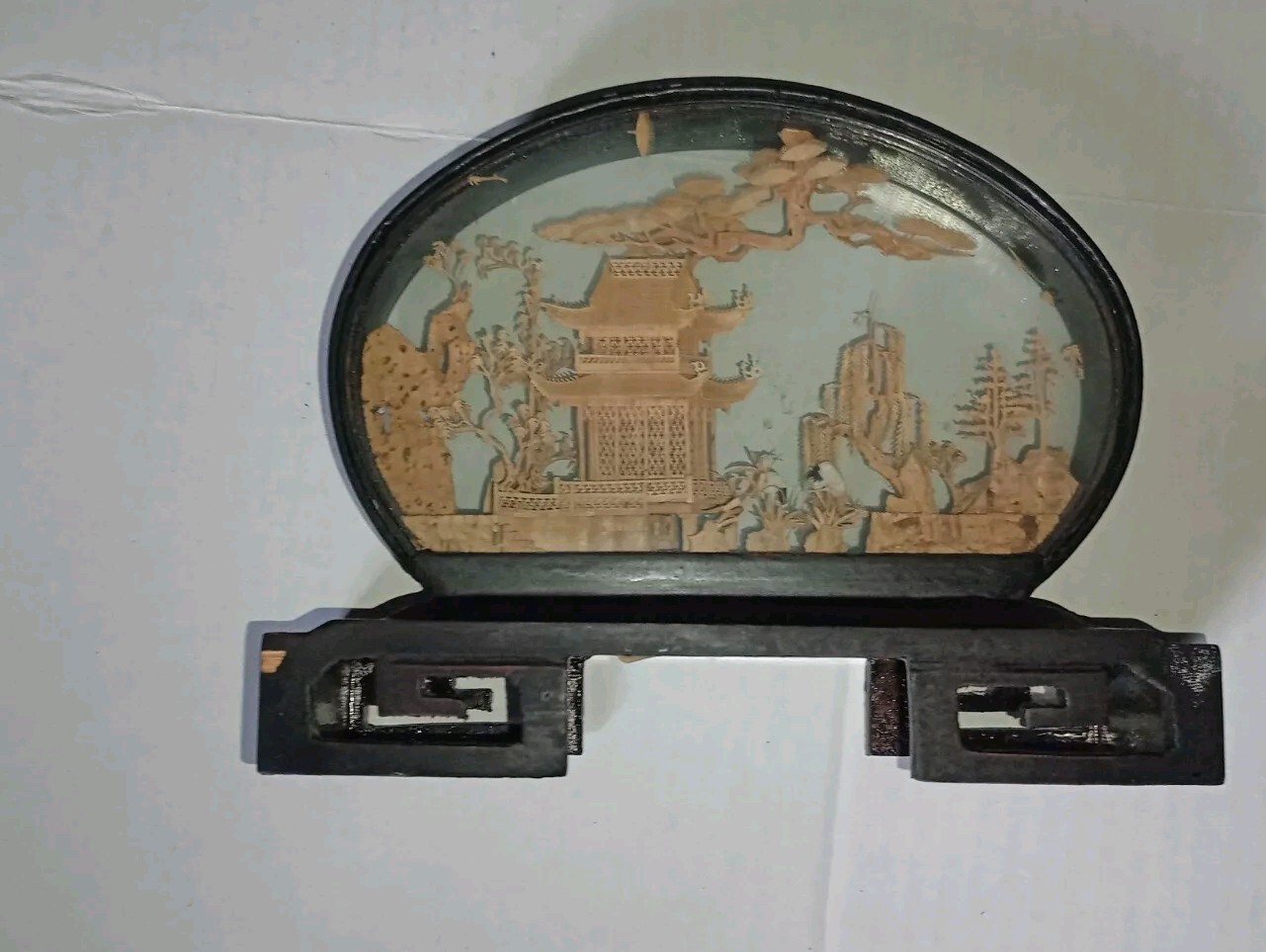San You Chinese Carved Cork Art Oval Glass Black Lacquer on wood Vintage