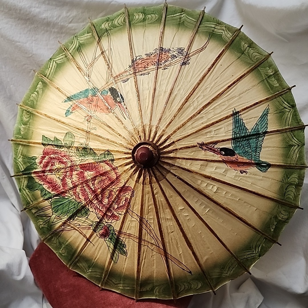 Set of 3 Vintage Oriental Hand Painted Birds & Flowers Bamboo Paper Parasols