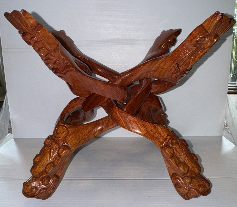 Carved Wooden Collapsing Dragon Bowl/ Planter Stand 9.5”tall, 12” Wide 15.5” L