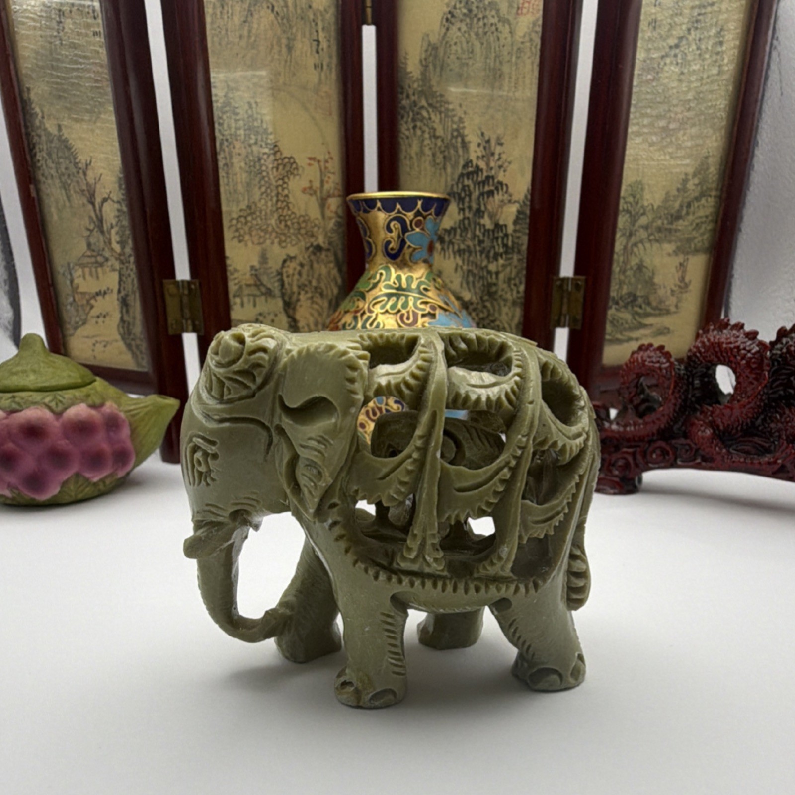 Antique Chinese Handmade Collectible Set: Vase, Teapot, Dragon, Elephant, Screen