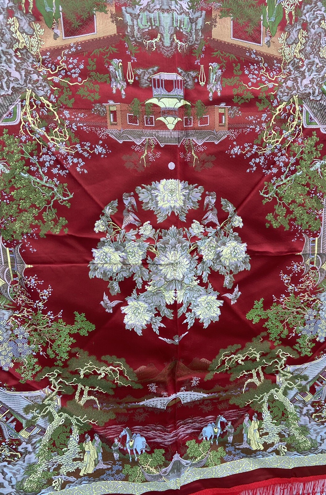Vintage Silk Brocaded Flowers China Tapestry or Table Cloth Vivid Colors Fringe