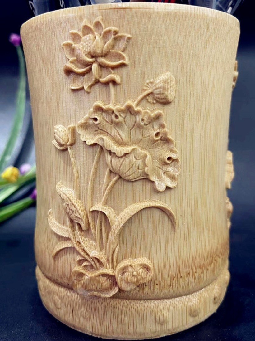 Bamboo Carved Lotus Pen Holder 4.72in Chinese Desk Decor