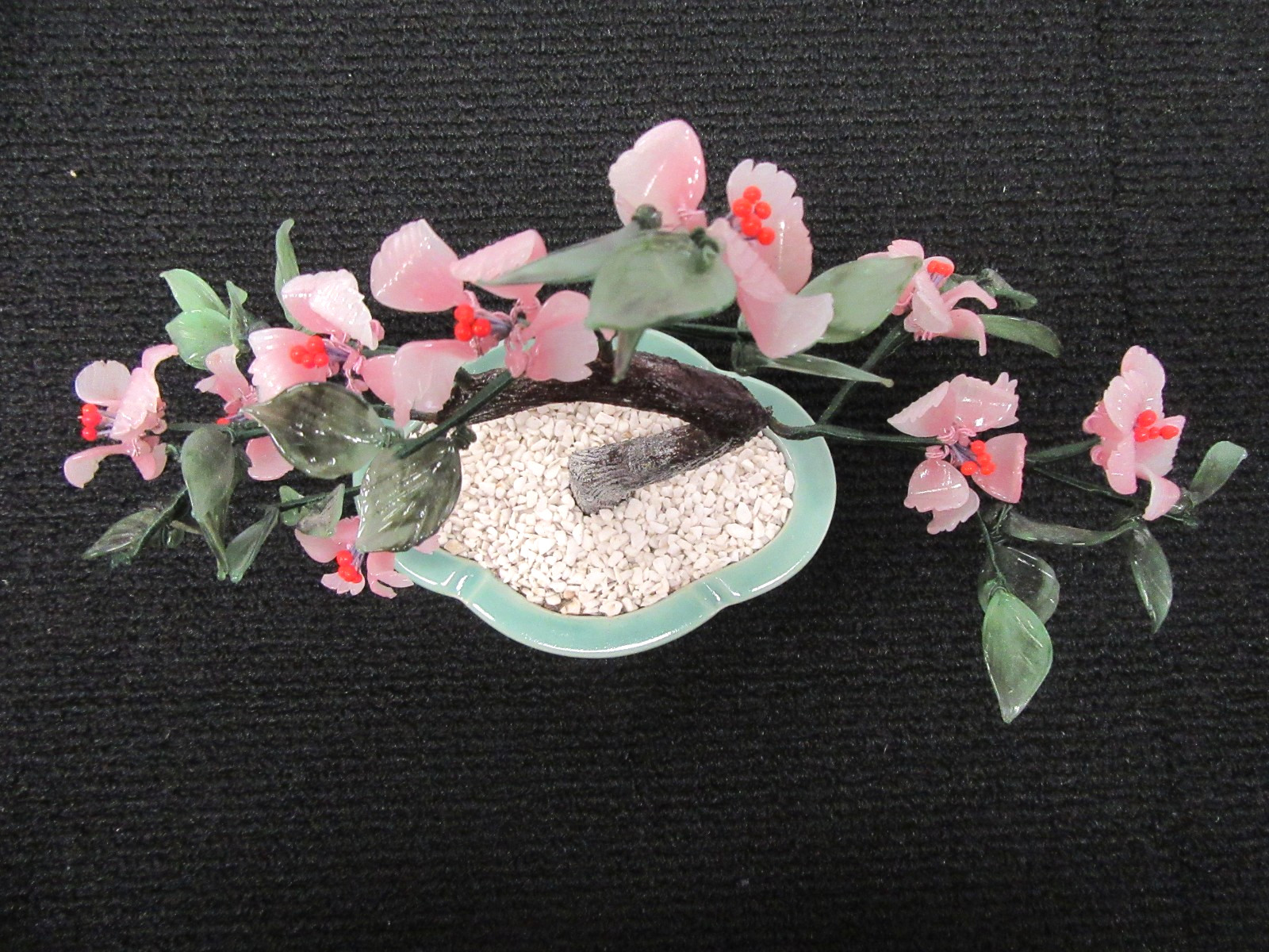 Vintage Chinese Jade Glass Bonsai Tree 14″ Wide x 11″ Tall Pink Flowers #ROM