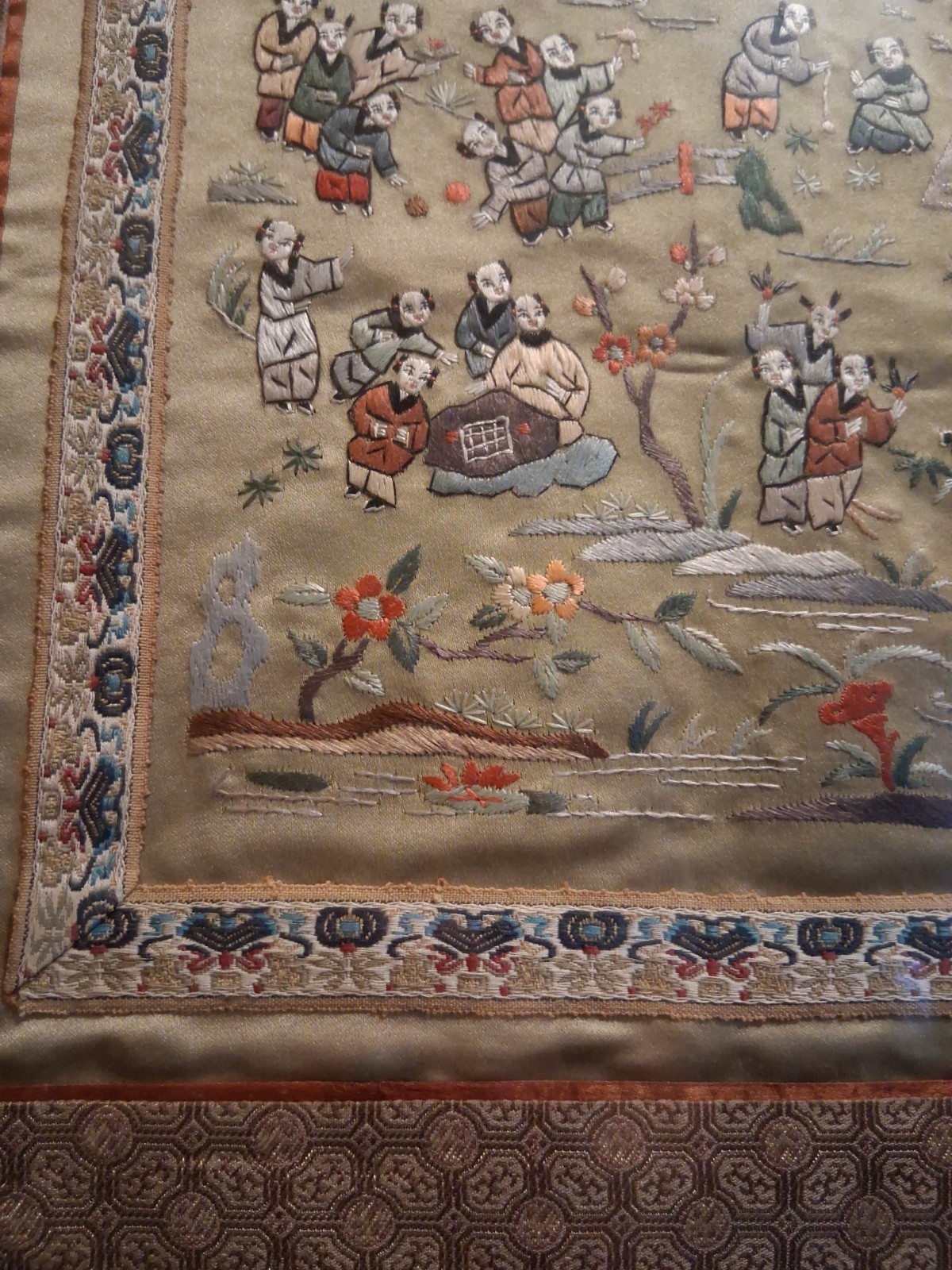 SALE….$99.Antique 100 Children Playing Chinese Hand Embroidered Silk Panel