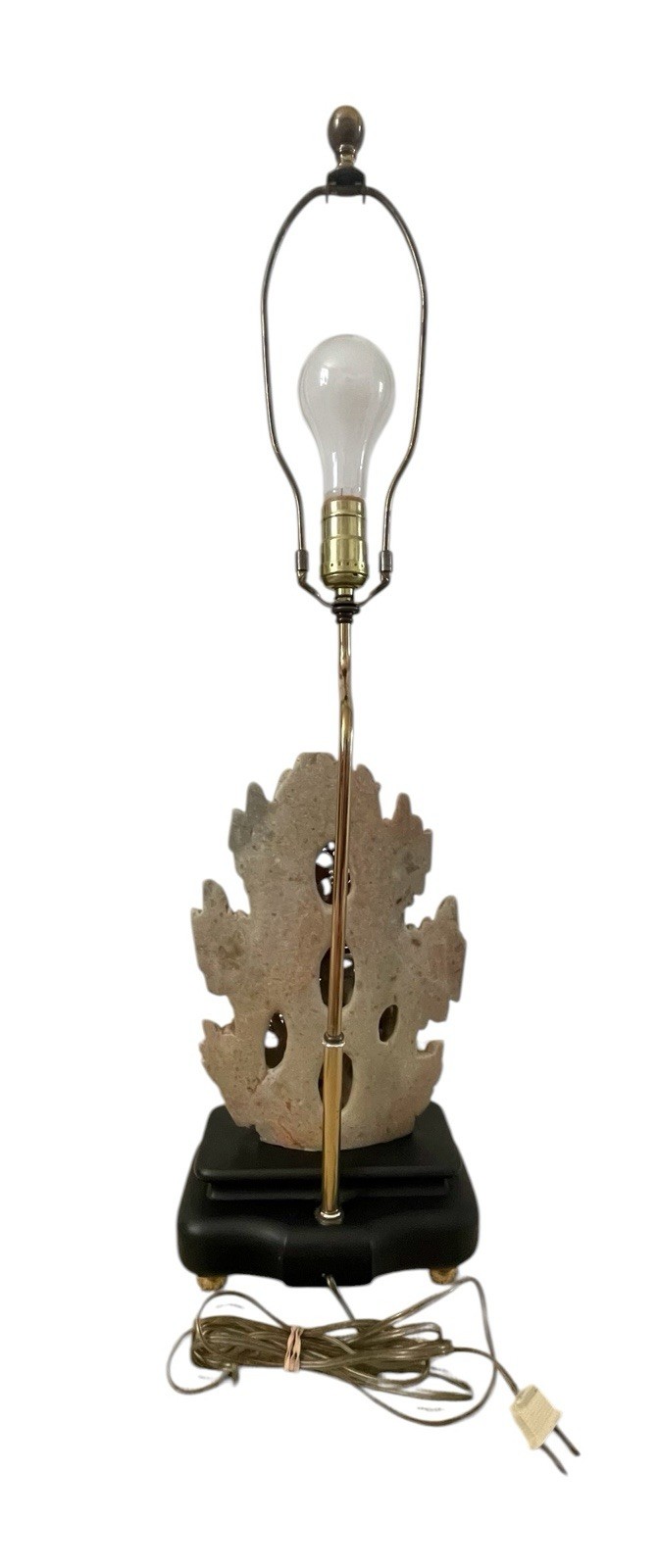 VTG 1940s Chinese Soapstone Floral Table Lamp Wood Base Chinoiserie 31”