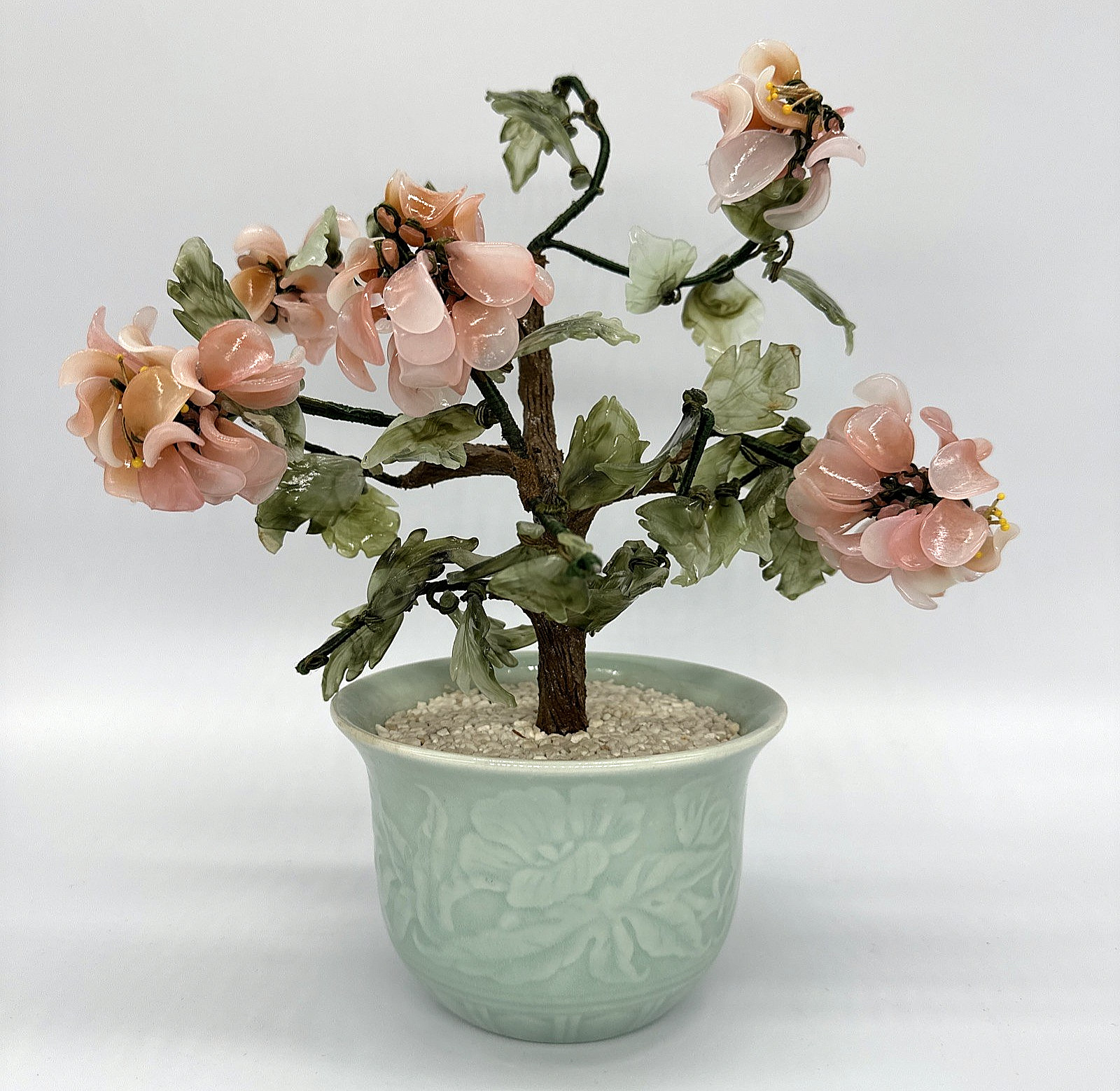 Vtg Chinese Jade Glass Cherry Blossom Bonsai Tree Pink Flower Celadon Pot 11×9.5