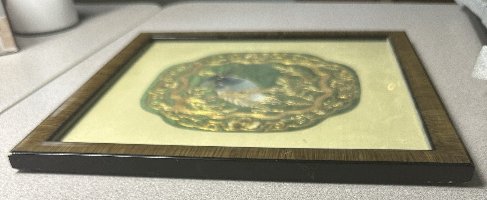Vintage Framed Chinese Embroidered Silk Crane 7”x7” Panel 11”x11” Frame See Desc