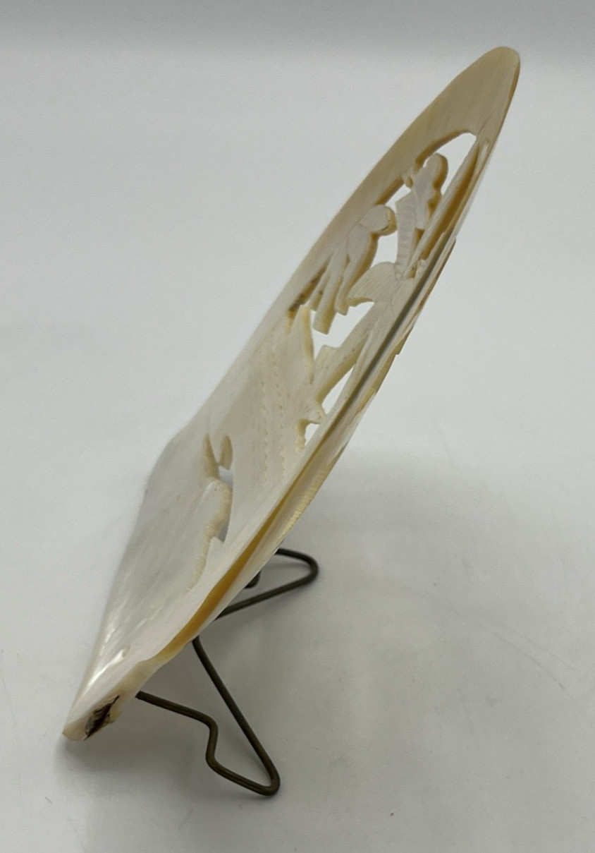 Carved Mother of Pearl Shell Asian Scene with Stand 6″ Tall