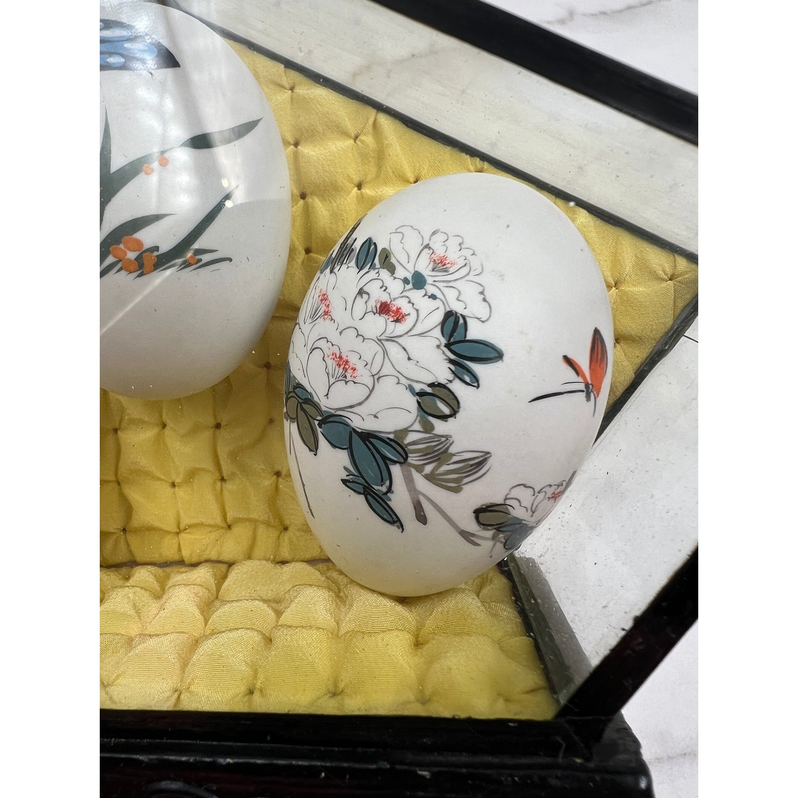 Vintage Chinese Hand Painted Egg Art Set 3 Butterfly Floral Landscape Glass Case