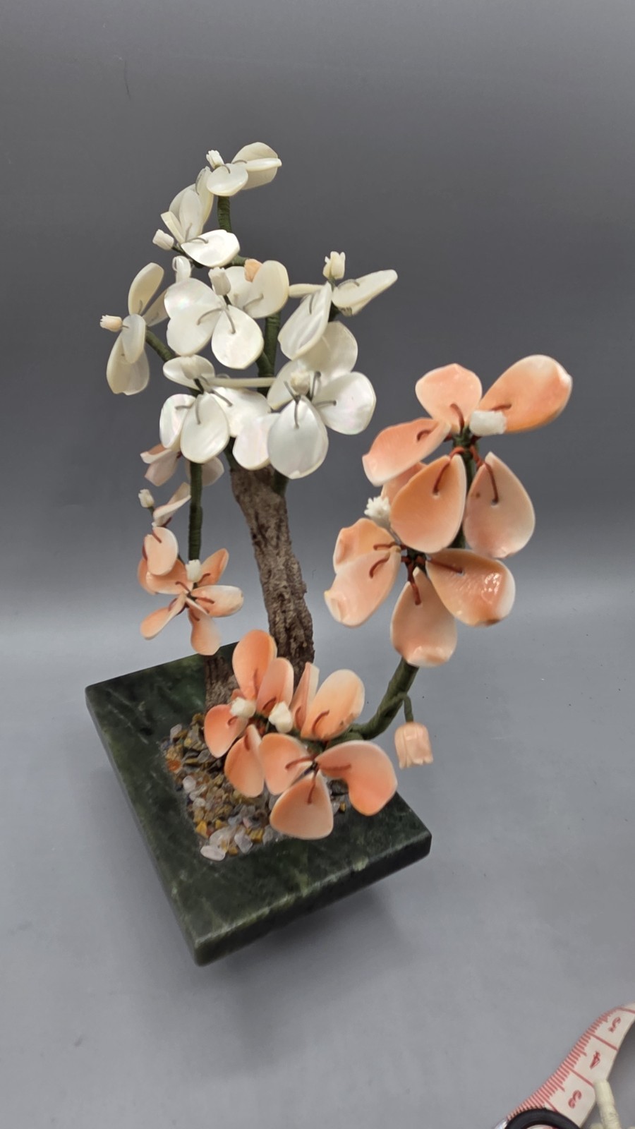 Small Bonsai Tree with Carnelian and Mother of Pearl Flowers, Jade? Base 8.5″ H
