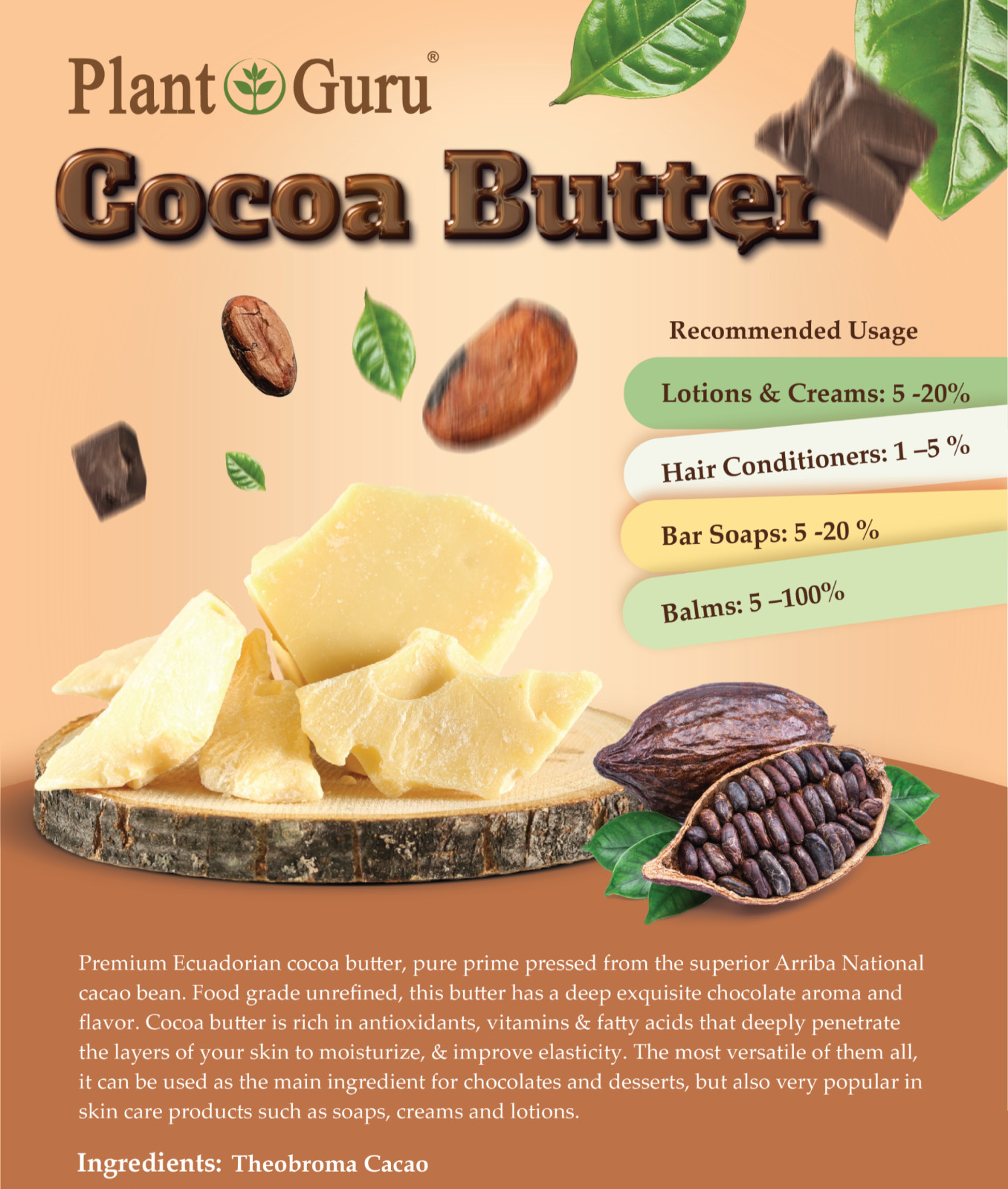 Raw Cocoa Butter 8 oz. FOOD GRADE 100% Pure Natural Unrefined Organic Cacao Bean