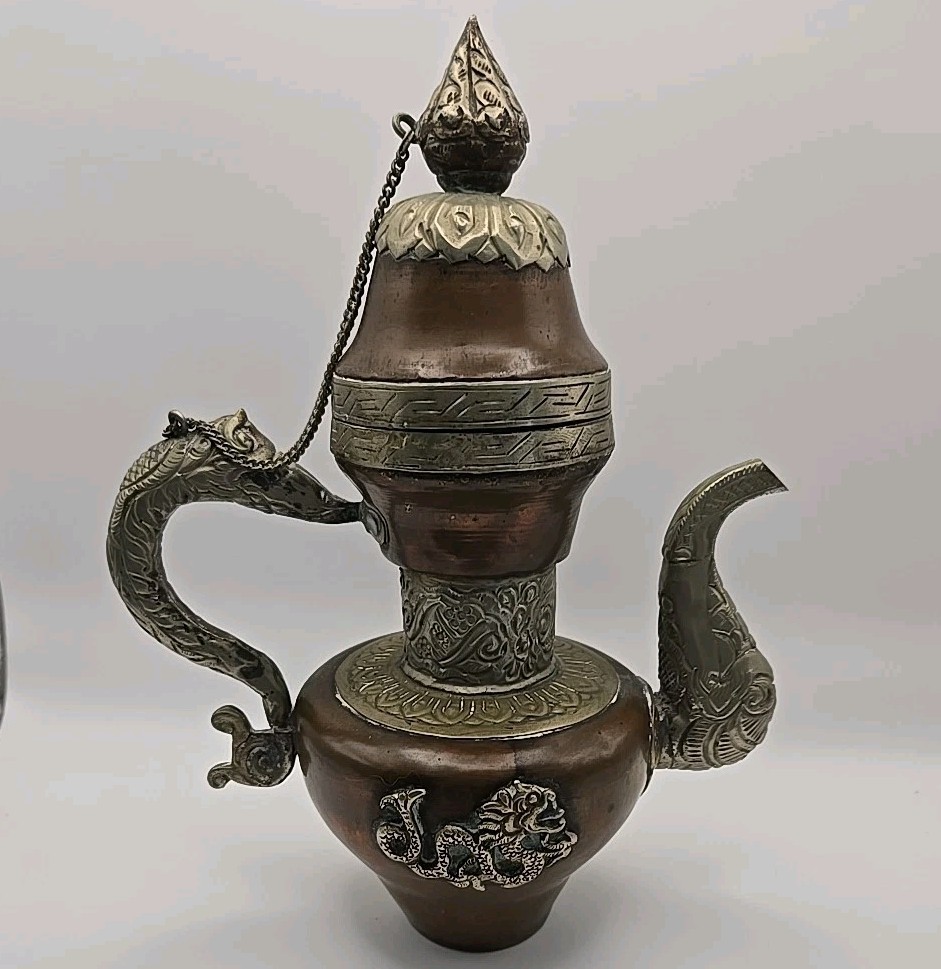 Antique Vintage Copper and Brass Carved Tibetan Teapot With Dragons EUC